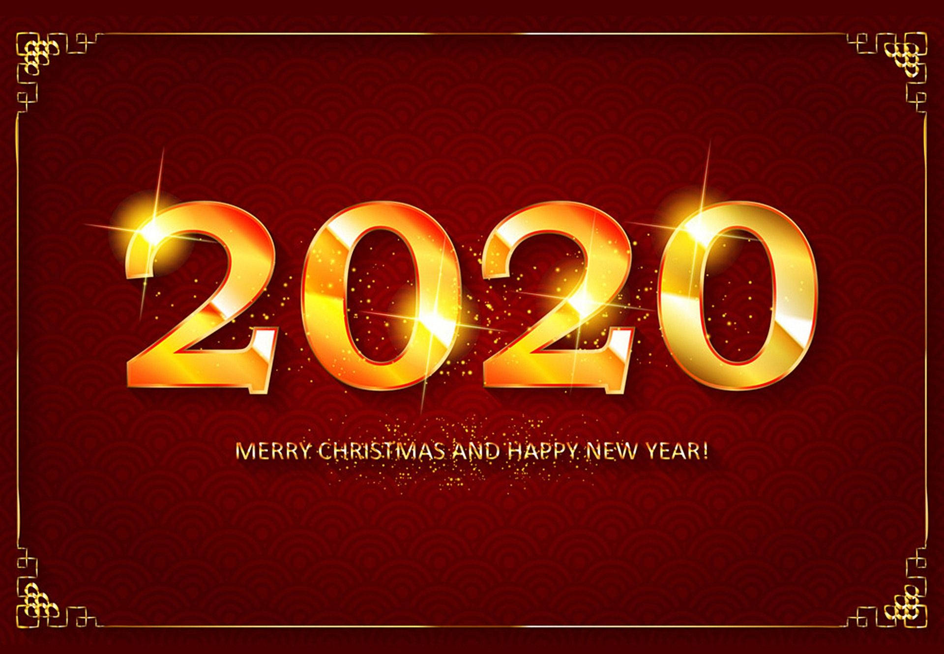 New 桌布 壁紙 — 金色2020數字在帶有傳統中國邊框圖案和節日文字的濃郁紅色背景上閃爍。