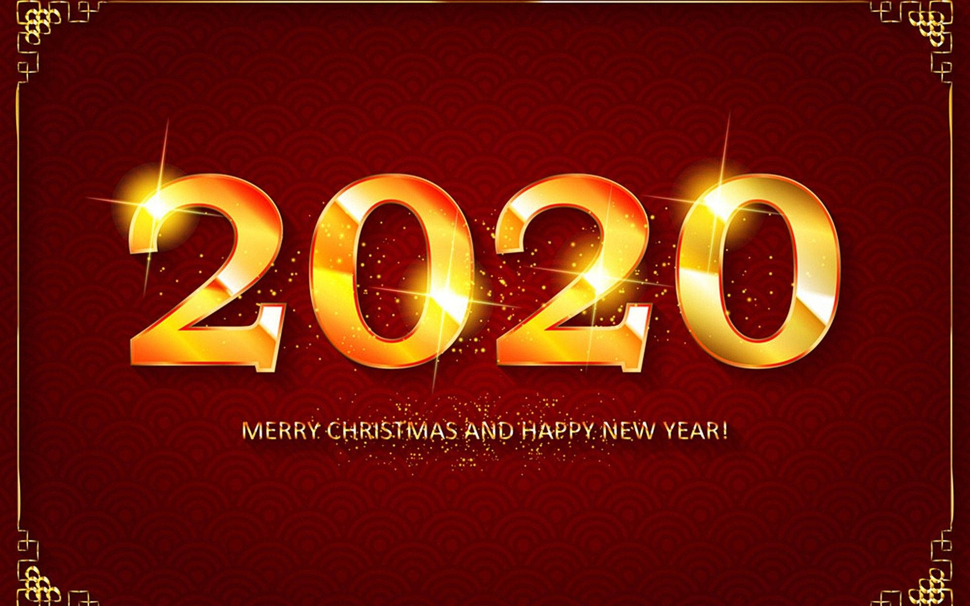 New 桌布 壁紙 — 金色2020數字在豐富的紅色背景上閃爍，帶有傳統中國邊框圖案和節日文字。