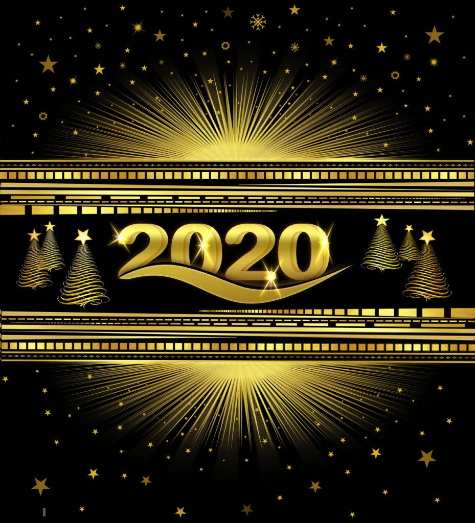 New 桌布 壁紙 — 金色2020新年慶祝設計，帶有閃爍的星爆和風格化的樹木，背景為黑色。
