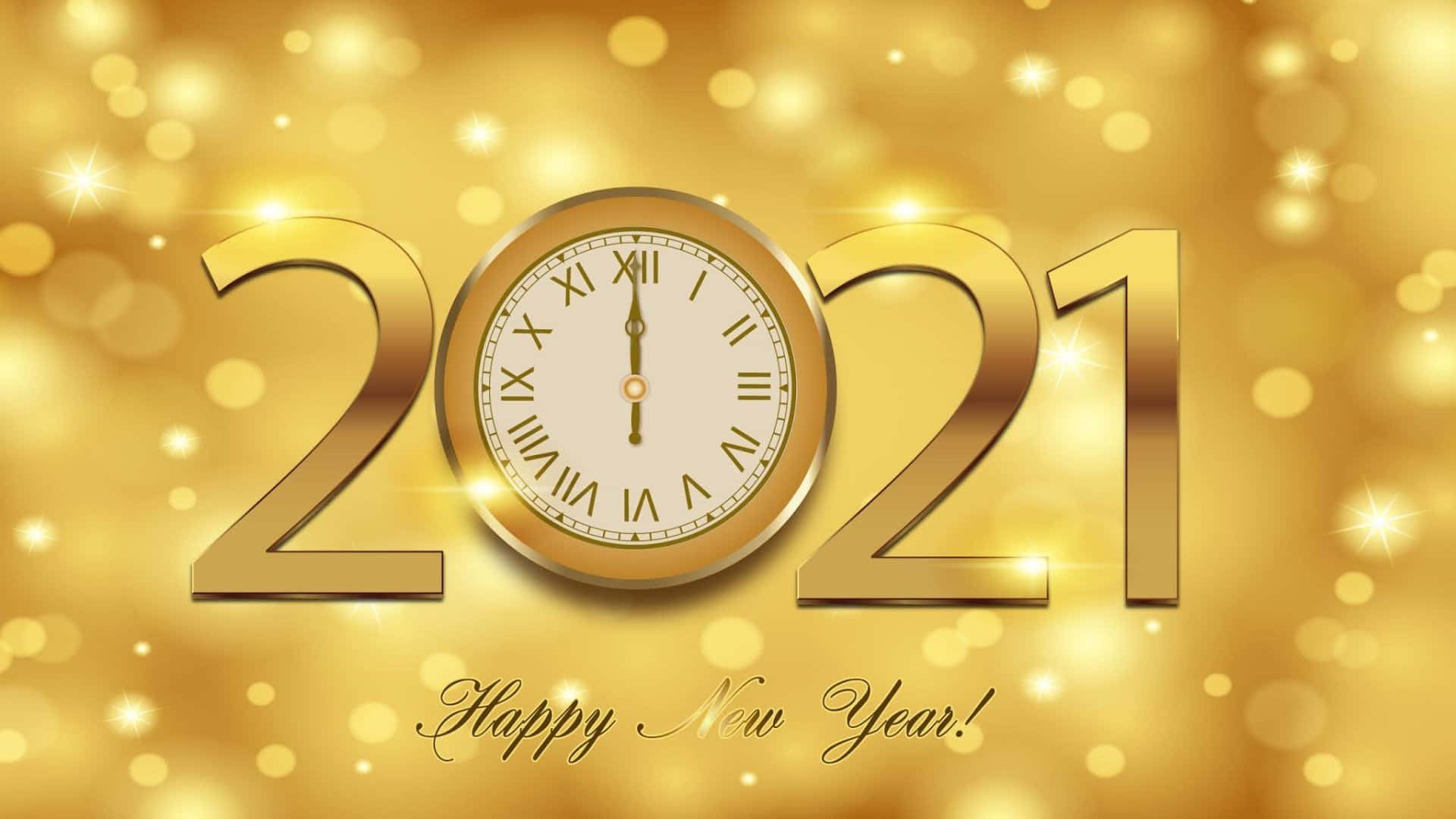 Numbers 桌布 壁紙 — 金色2021年新年倒數時鐘，帶有羅馬數字，設定在午夜，背景是閃爍的散景。