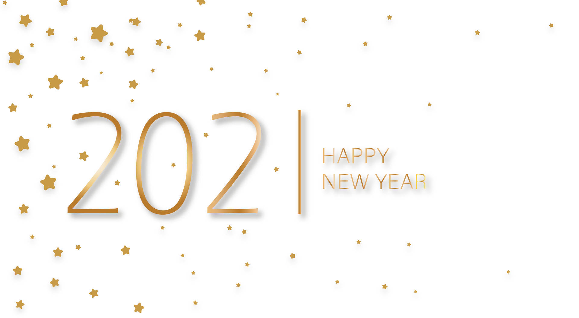 Happy New Year 2021 桌布 壁紙 — 金色2021文字搭配閃爍星星，在純白背景上，用於新年慶祝。