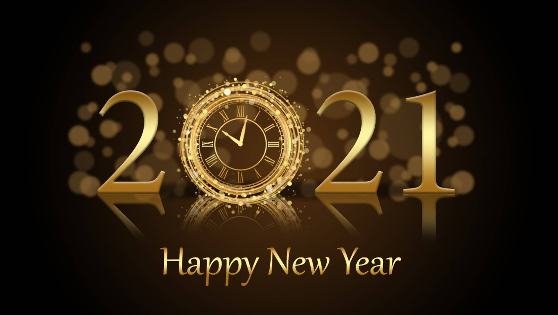 2021 桌面 桌布 壁紙 — 金色2021新年時鐘，帶有閃爍粒子及反射，背景為深色。