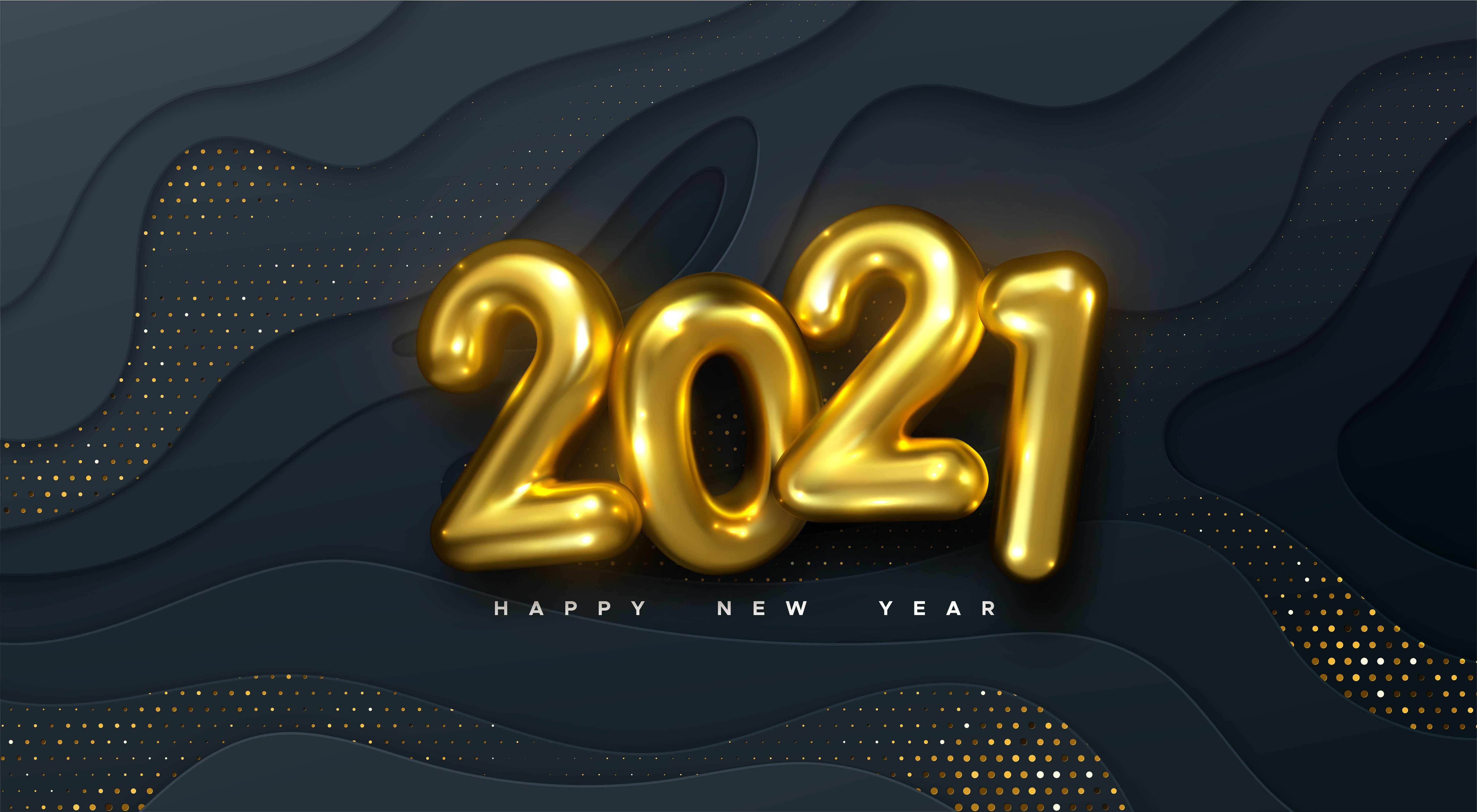 Balloon 桌布 壁紙 — 金色2021氣球漂浮在波浪形深藍色紙層上方，帶有閃閃發光的金色圓點和「happy new year」文字。