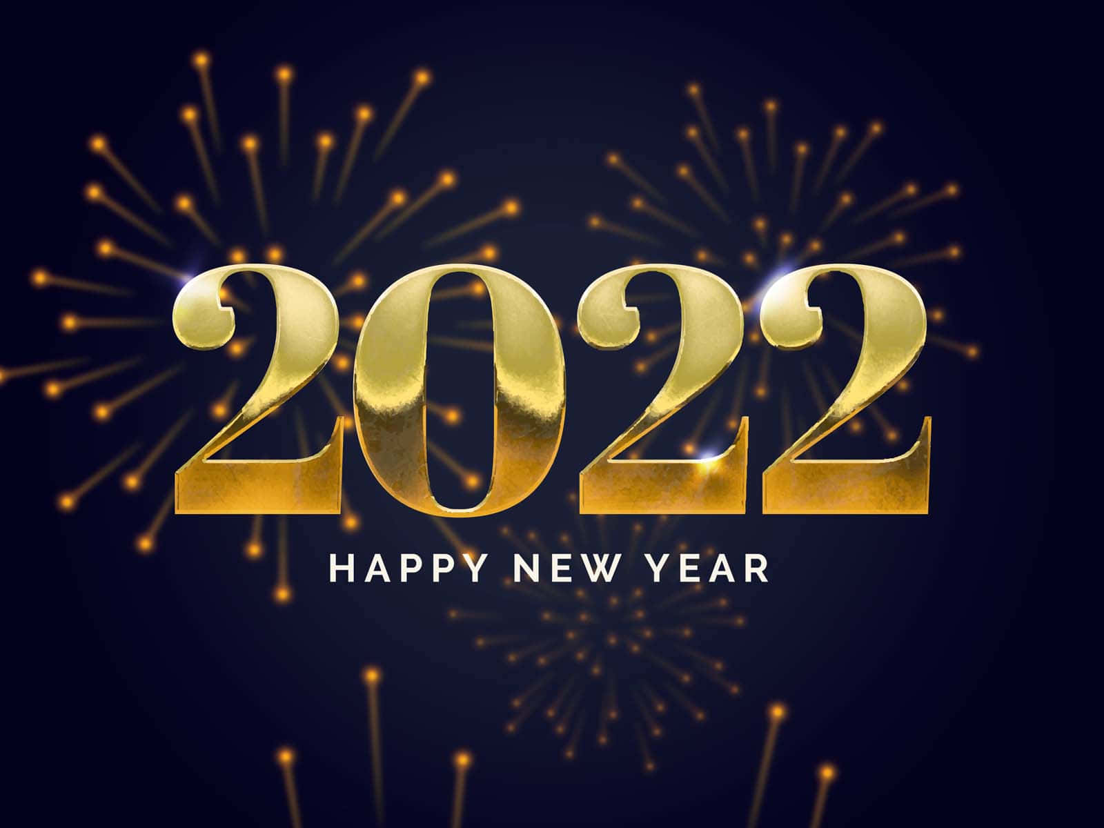 New Year 桌布 壁紙 — 金色2022字樣搭配閃爍煙火，在深藍色背景上慶祝新年。
