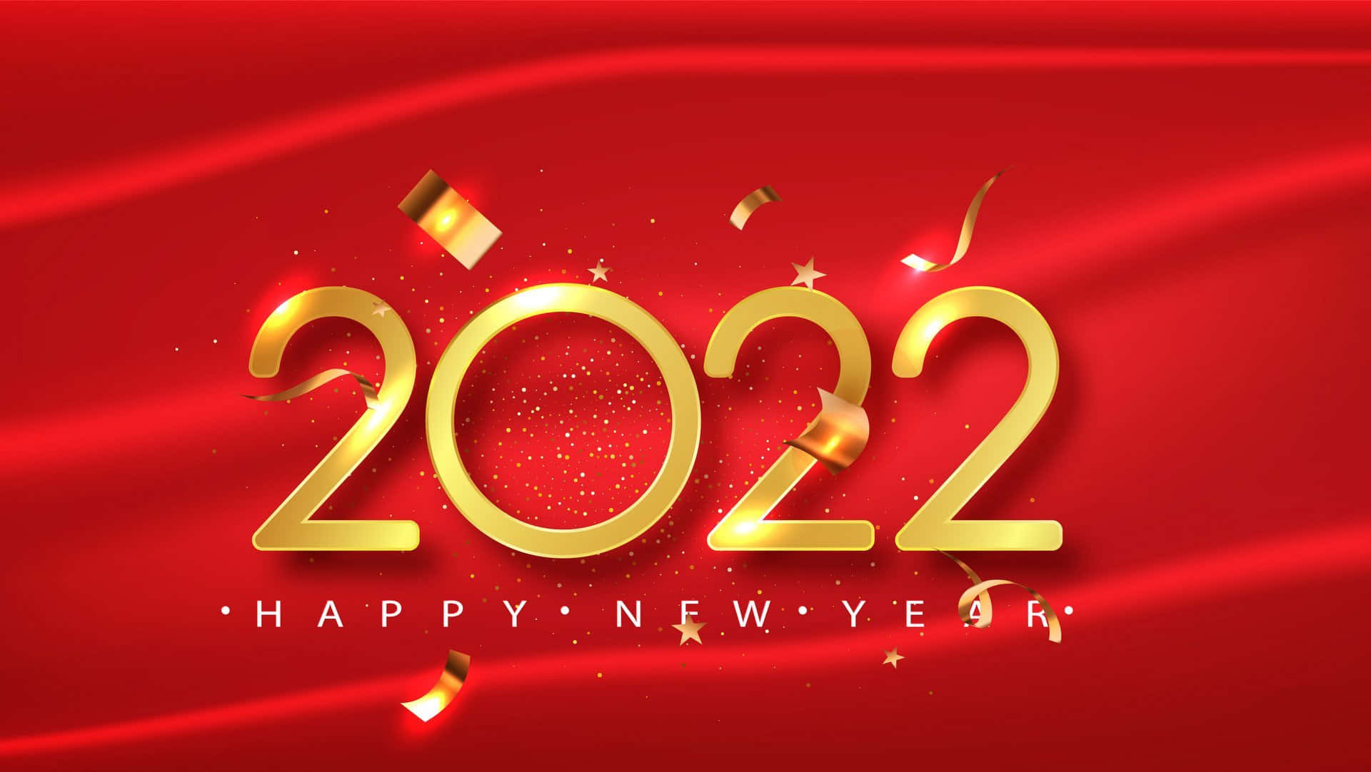 Happy New Year 2022 桌布 壁紙 — 金色2022字樣與五彩紙屑和星星漂浮在豐富的紅色緞面背景上，營造節日新年祝福。