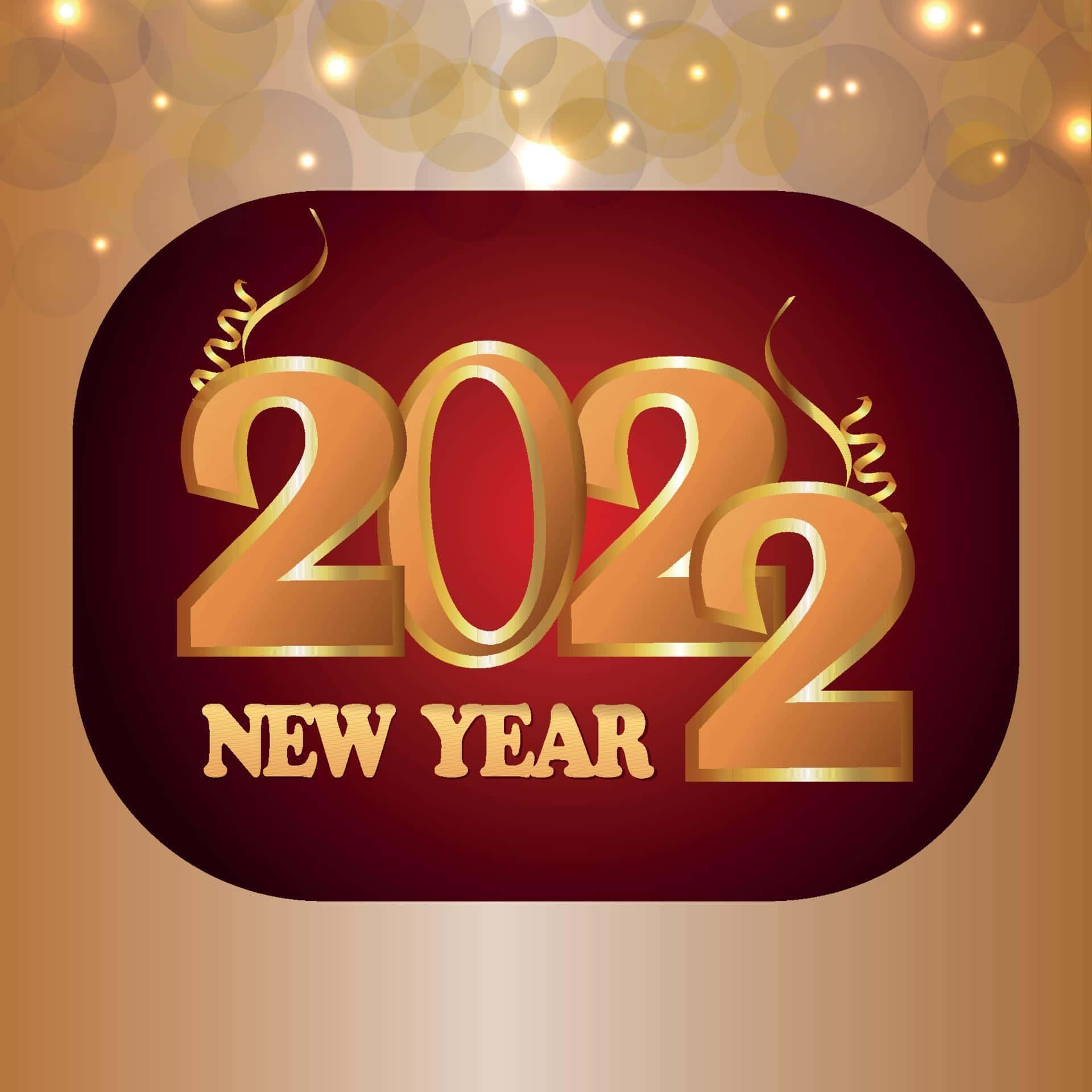 Happy New Year 2022 桌布 壁紙 — 金色2022年新年文字，在栗色橢圓形上帶有節日漩渦，背景為溫暖的散景。