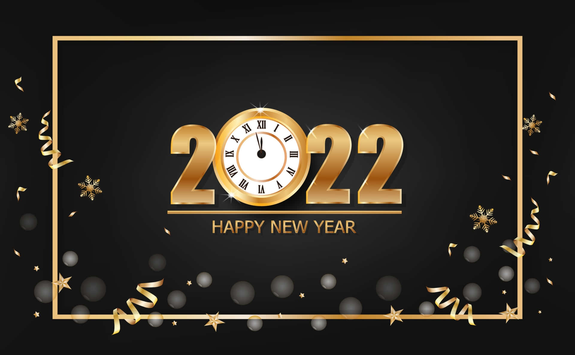 Happy New Year 2022 桌布 壁紙 — 金色2022年新年時鐘，帶有羅馬數字和五彩紙屑，黑色背景。