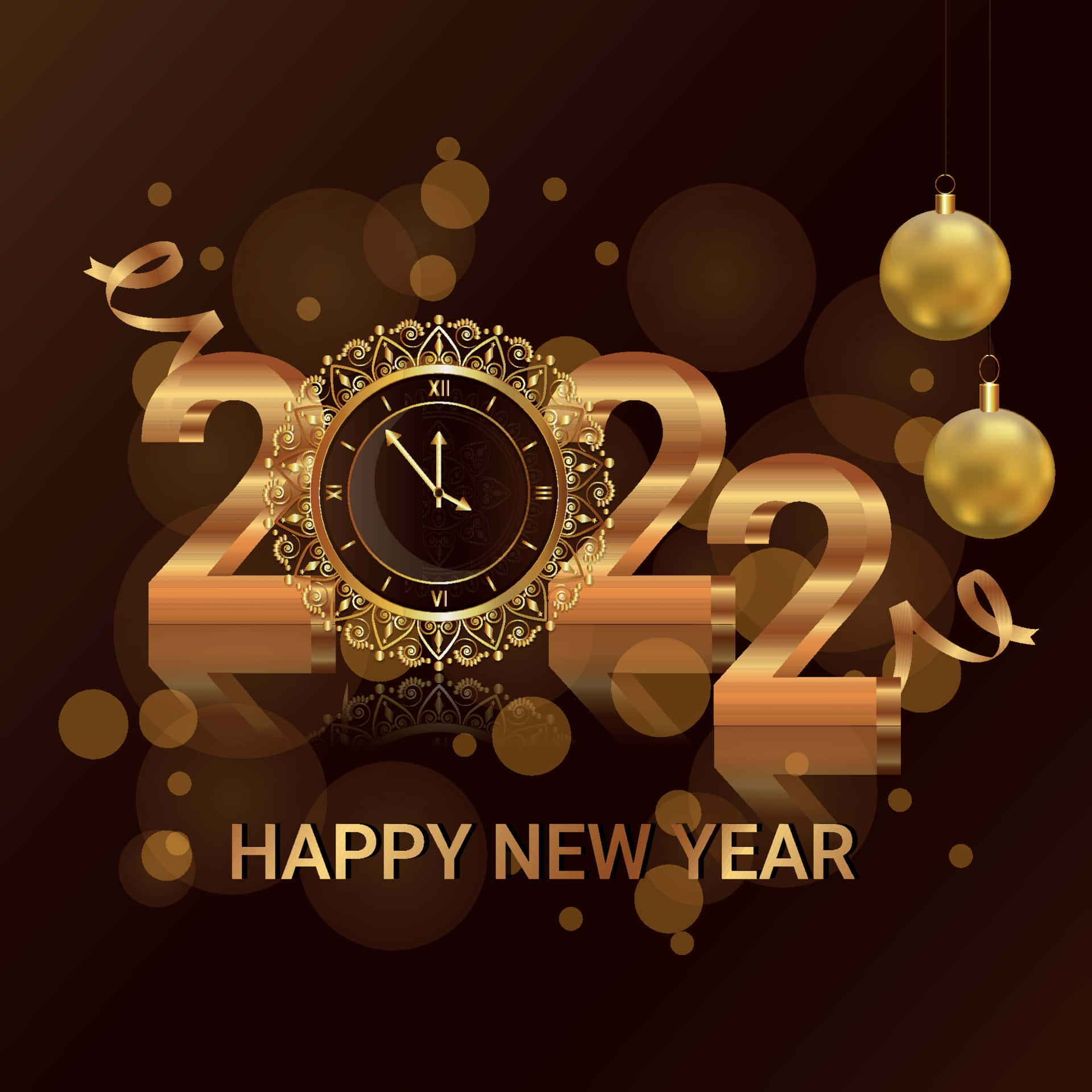 Happy New Year 2022 桌布 壁紙 — 金色2022年新年時鐘，帶有華麗細節和懸掛裝飾，背景為深色散景。