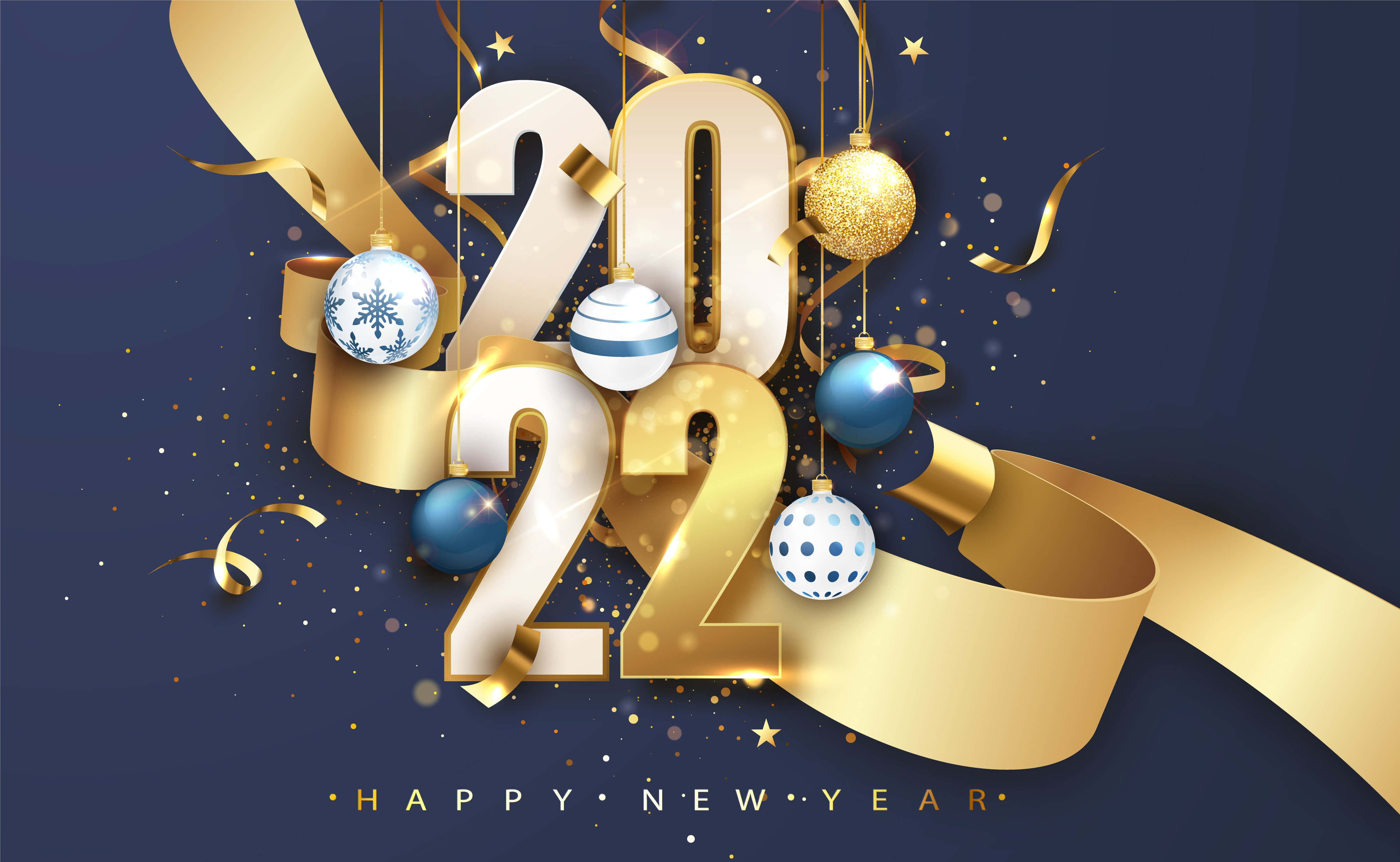 Happy New Years 桌布 壁紙 — 金色2022數字，飾以節日裝飾和絲帶，背景為深藍色，點綴閃爍星星。