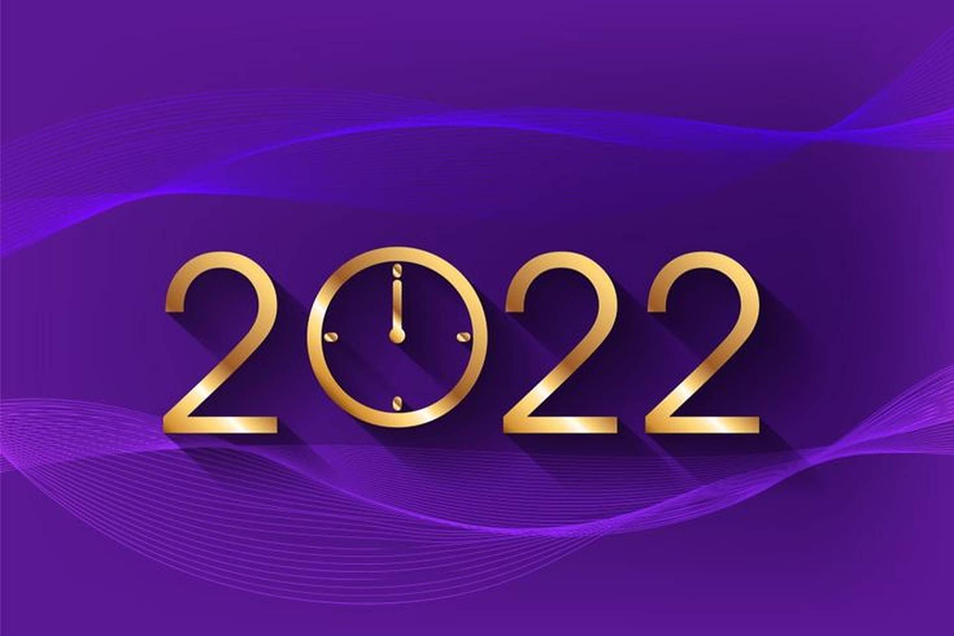 New 桌布 壁紙 — 金色2022數字與時鐘面零點漂浮在流動的紫色波浪上，呈現時尚的數位設計。