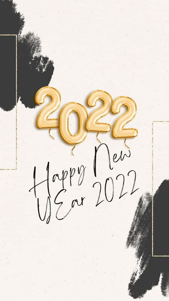 新年快樂 桌布 壁紙 — 金色2022氣球漂浮在優雅草書文字上方，背景簡約，帶有黑色墨水飛濺和金色框架。