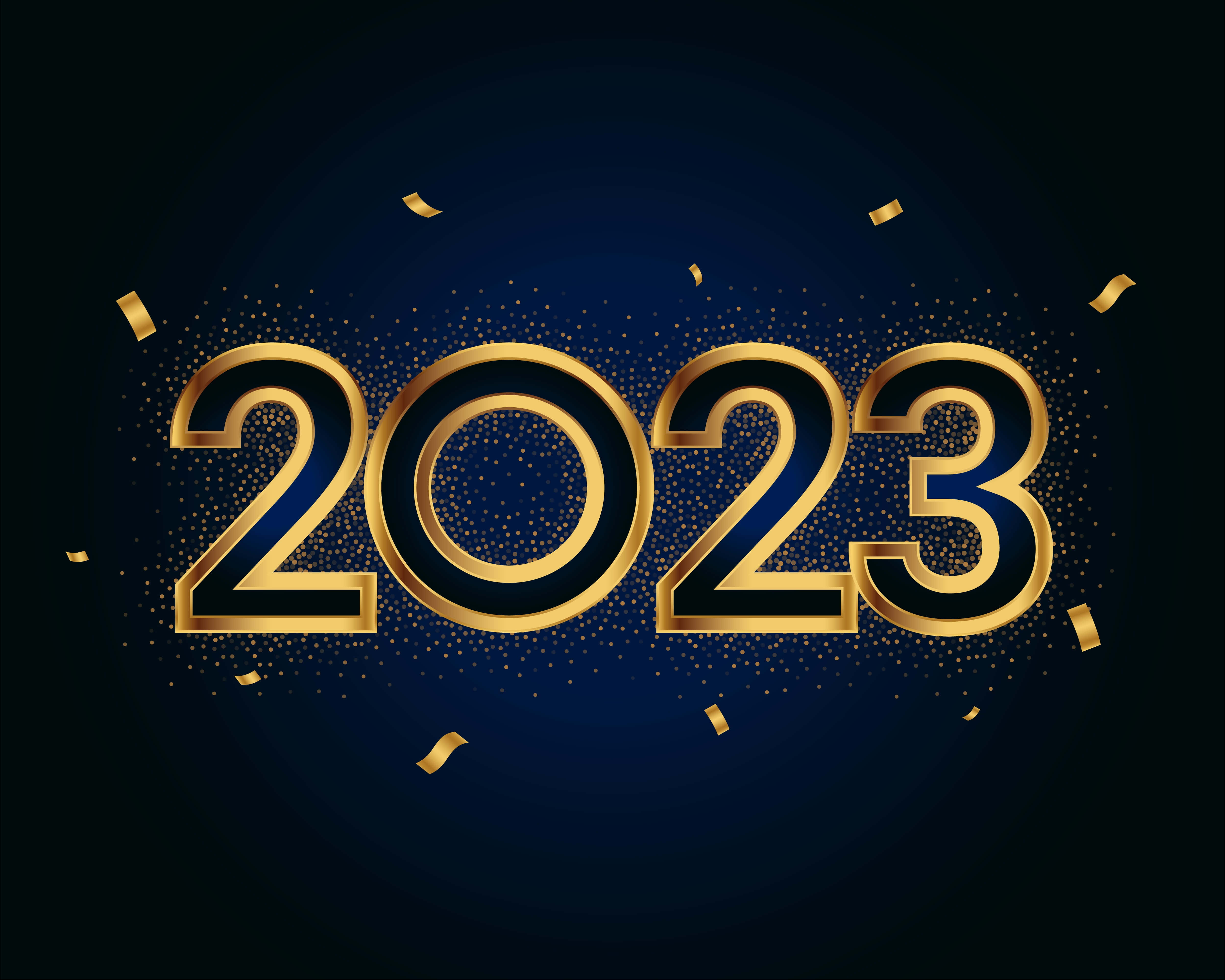 新年 桌布 壁紙 — 金色2023數字在深藍色背景上閃耀，伴隨著閃閃發光的五彩紙屑和閃爍的粒子。