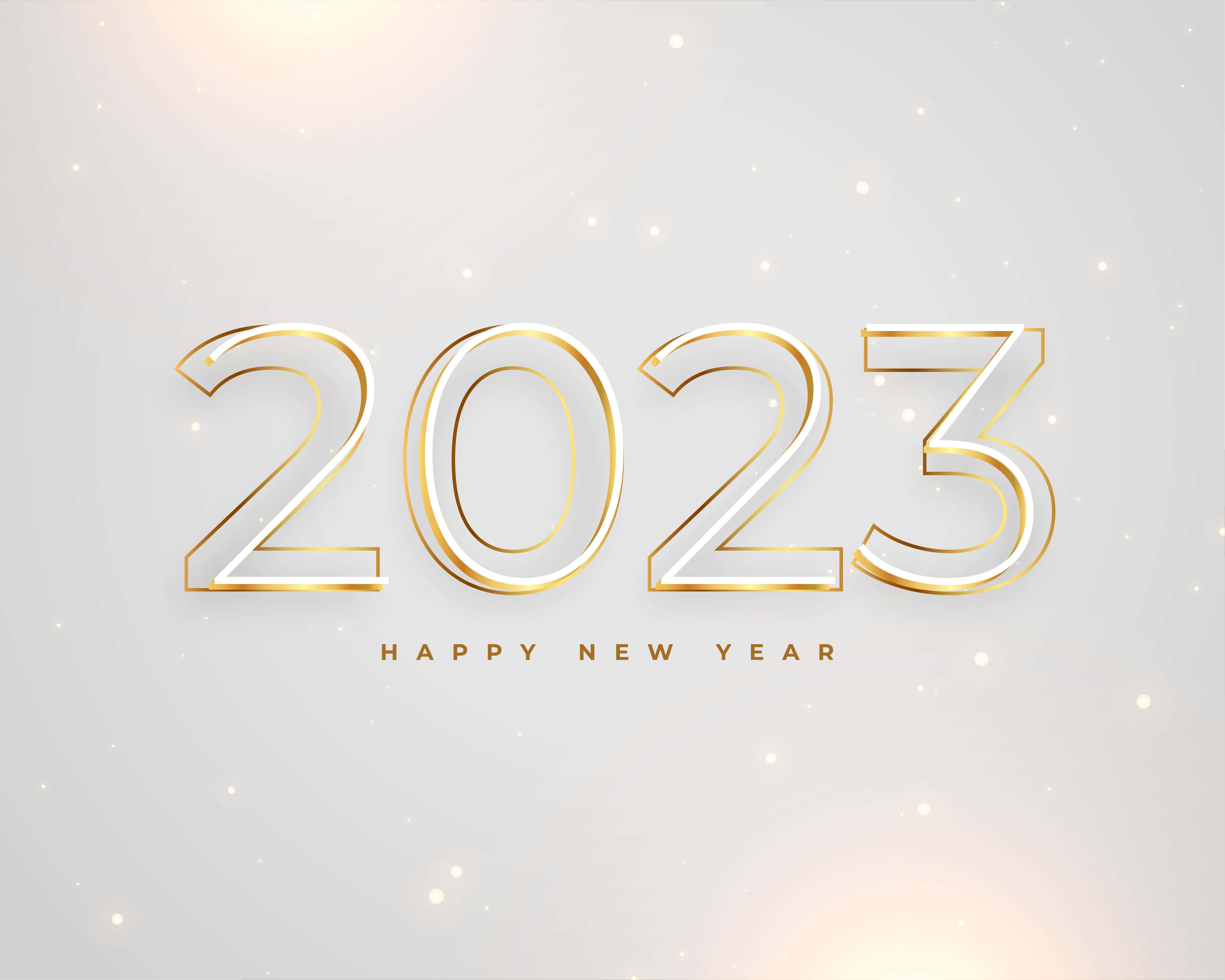 新年 桌布 壁紙 — 金色2023數字帶閃爍粒子在柔和漸變背景上發光，慶祝新年。