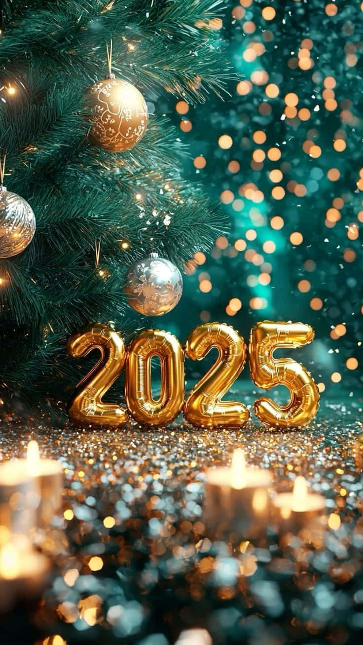 Happy New Year 2025 壁紙 — 金色2025氣球放在亮粉上，旁邊是裝飾著溫暖燈光和散景背景的聖誕樹。