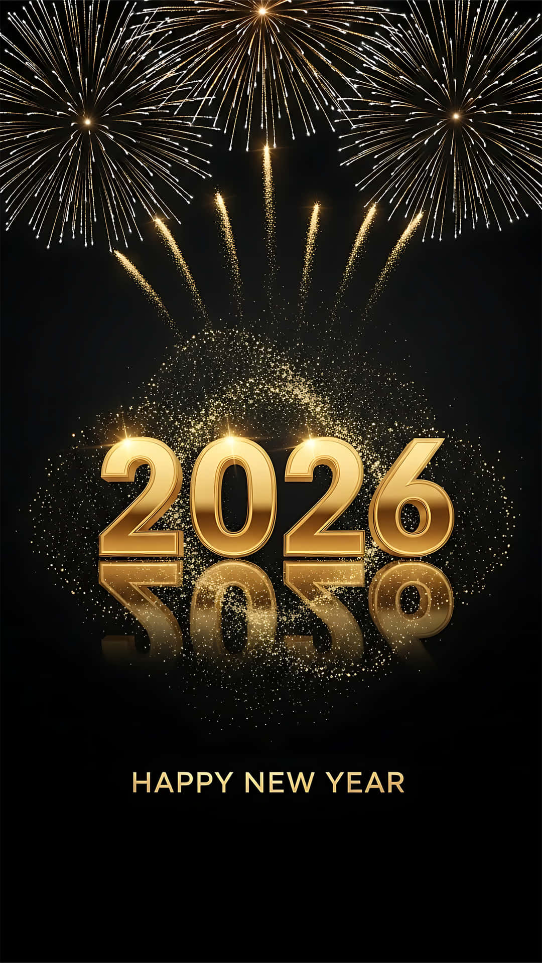 Golden New Year 2026 Fireworks Celebration Greeting Card 壁紙 — 金色2026數字，上方有閃爍煙火爆發，黑色背景帶反射表面，下方有「HAPPY NEW YEAR」文字。