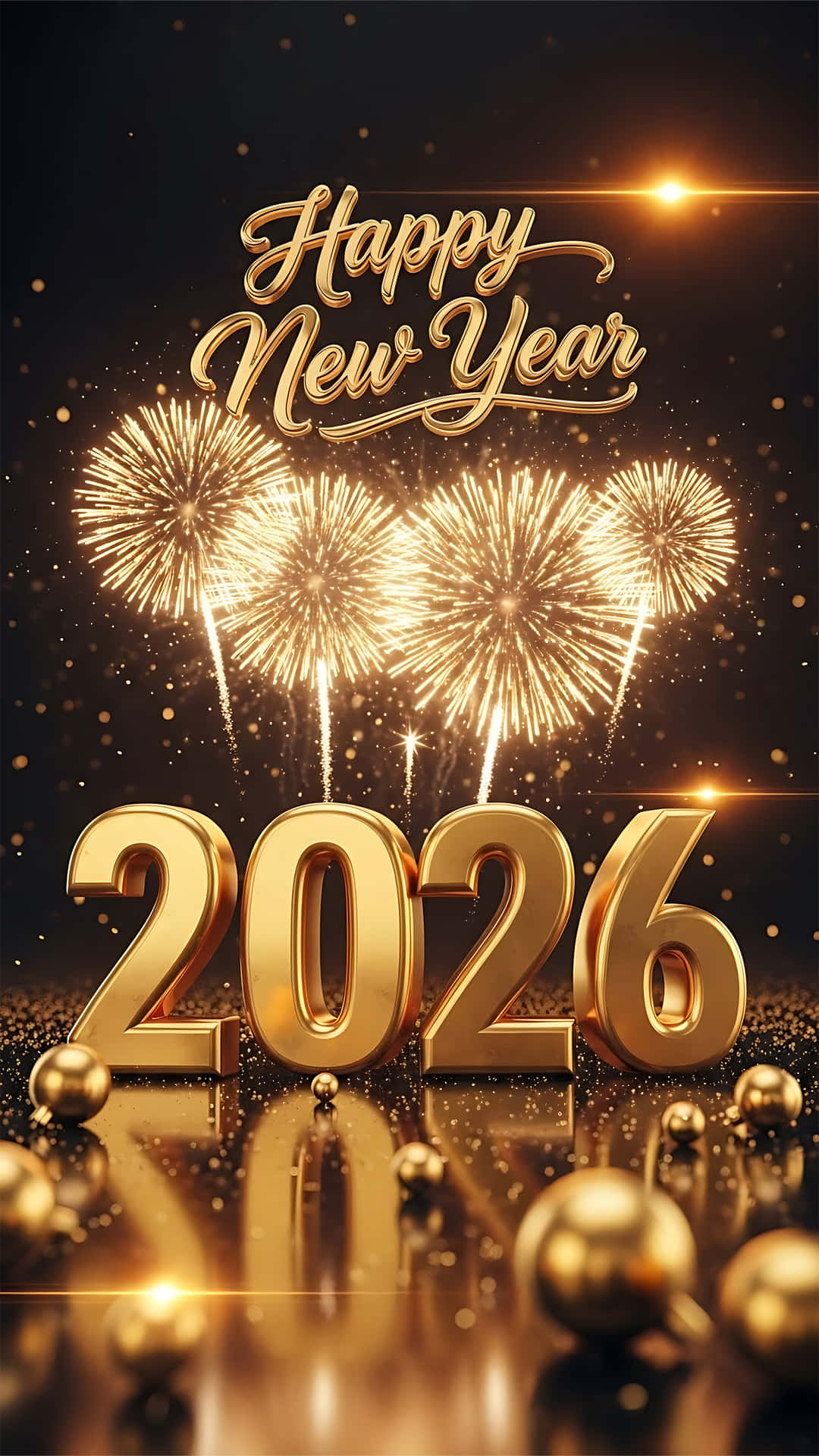 Happy New Year 2026 Fireworks Celebration Glittering Design 壁紙 — 金色2026數字與煙火在黑暗背景上爆發，伴隨閃爍粒子與反光表面。