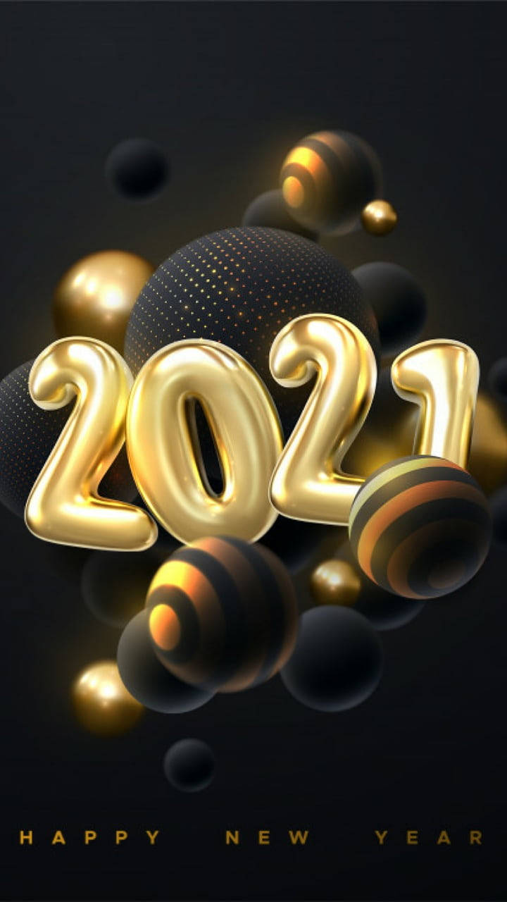 新年快樂 桌布 壁紙 — 金色3D 2021數字漂浮在發光球體之間，背景為深色，並帶有「HAPPY NEW YEAR」文字。