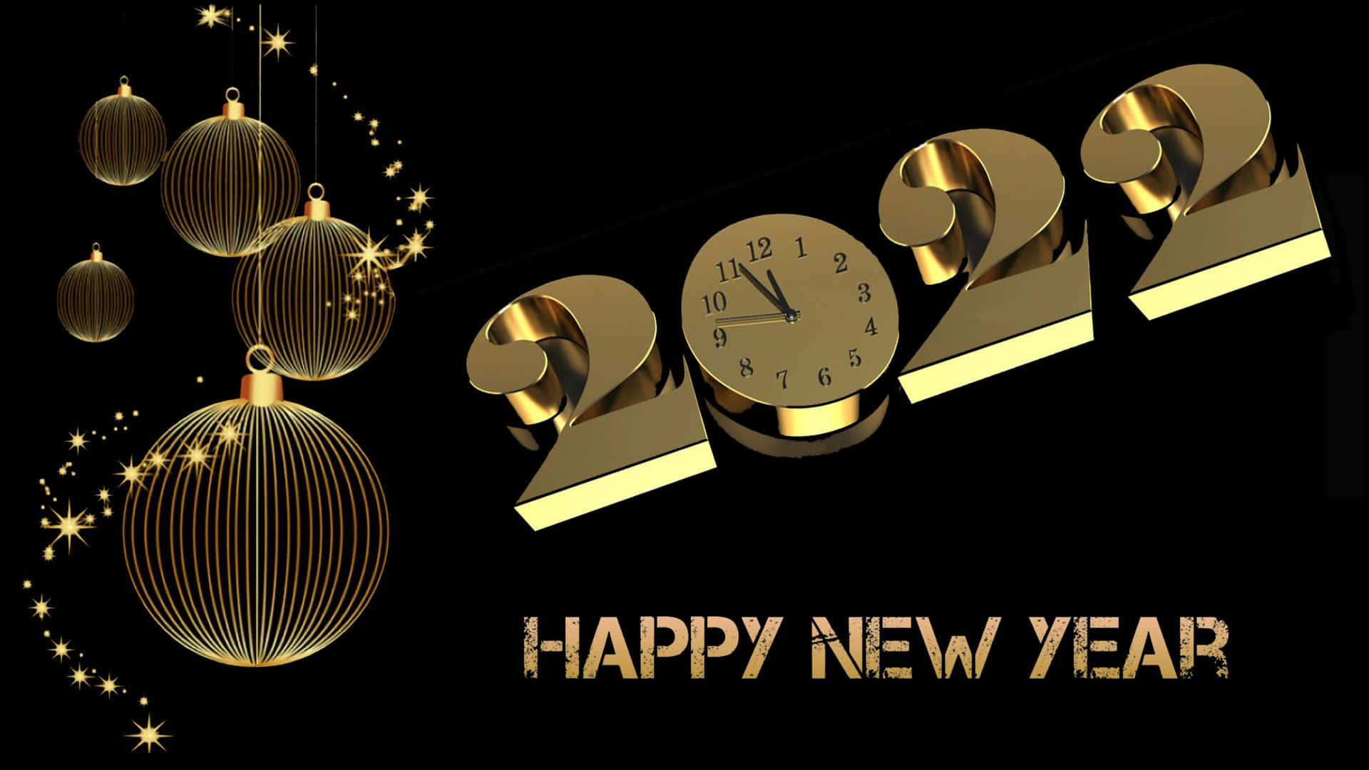 Happy New Years 桌布 壁紙 — 金色3D '2022'數字，配以顯示午夜的時鐘，兩側有懸掛裝飾，背景為黑色。