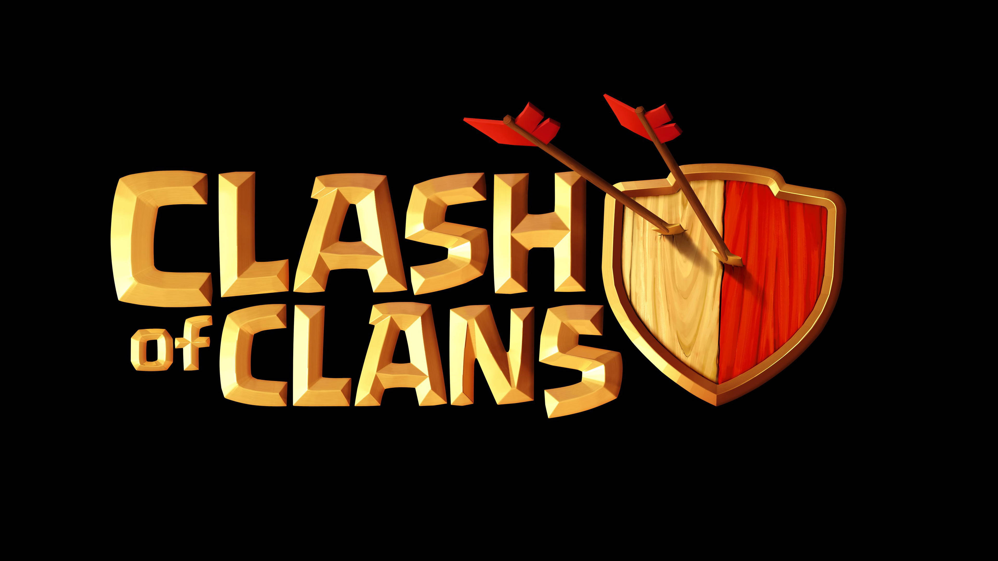 Gaming Logos 桌布 壁紙 — 金色3D Clash of Clans標誌，帶有盾牌和箭頭，背景為黑色。