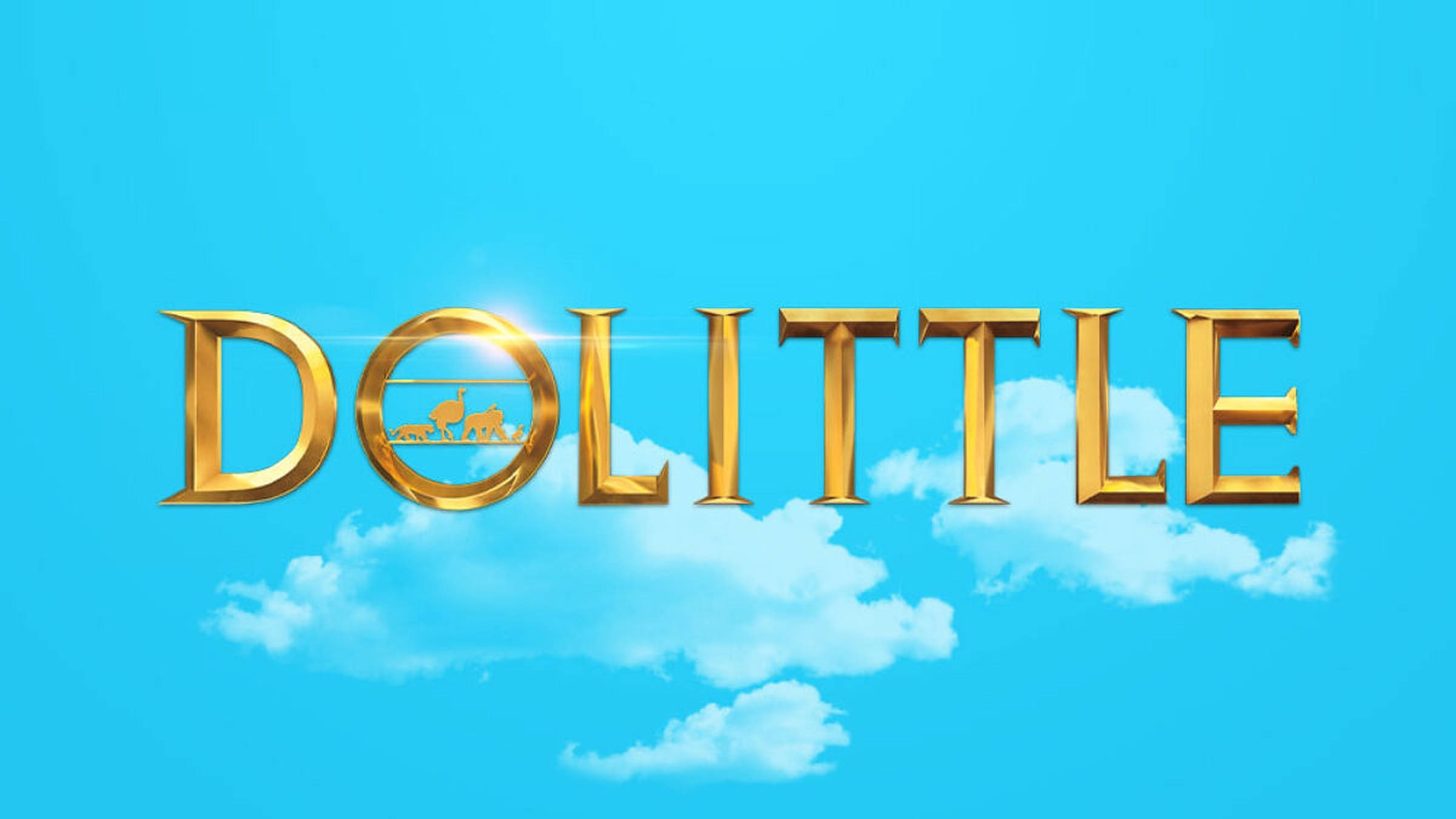 dolittle 桌布 壁紙 — 金色3D Dolittle標題字母漂浮在蓬鬆的白雲之上，背景是明亮的藍天。