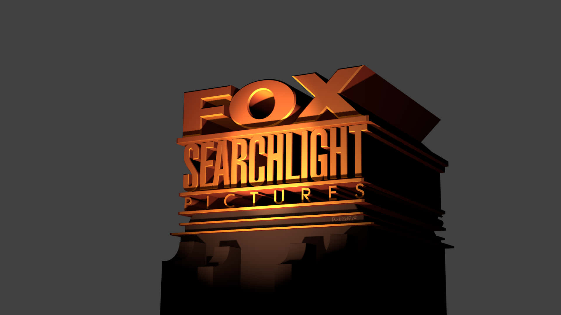 標誌 桌布 壁紙 — 金色3D Fox Searchlight Pictures標誌在深灰色背景上發光，帶有戲劇性燈光。