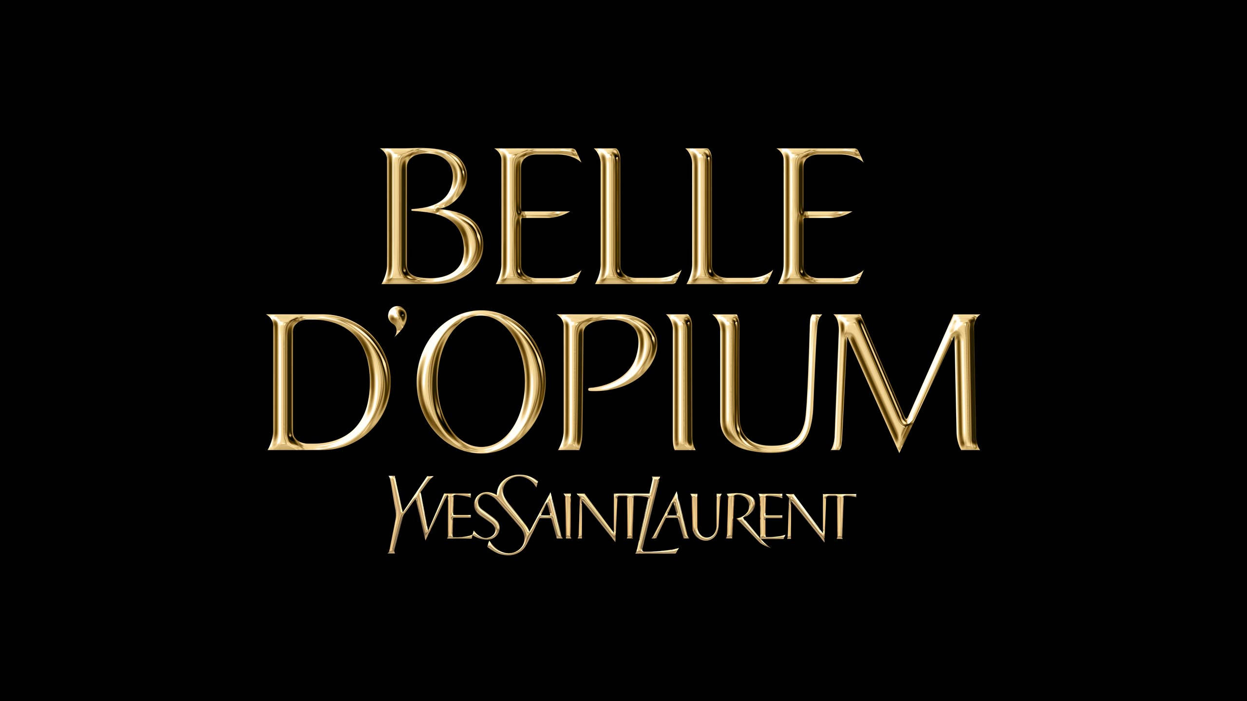 YSL 桌布 壁紙 — 金色3D文字在純黑背景上以優雅的襯線和手寫字體顯示Belle D'Opium Yves Saint Laurent。