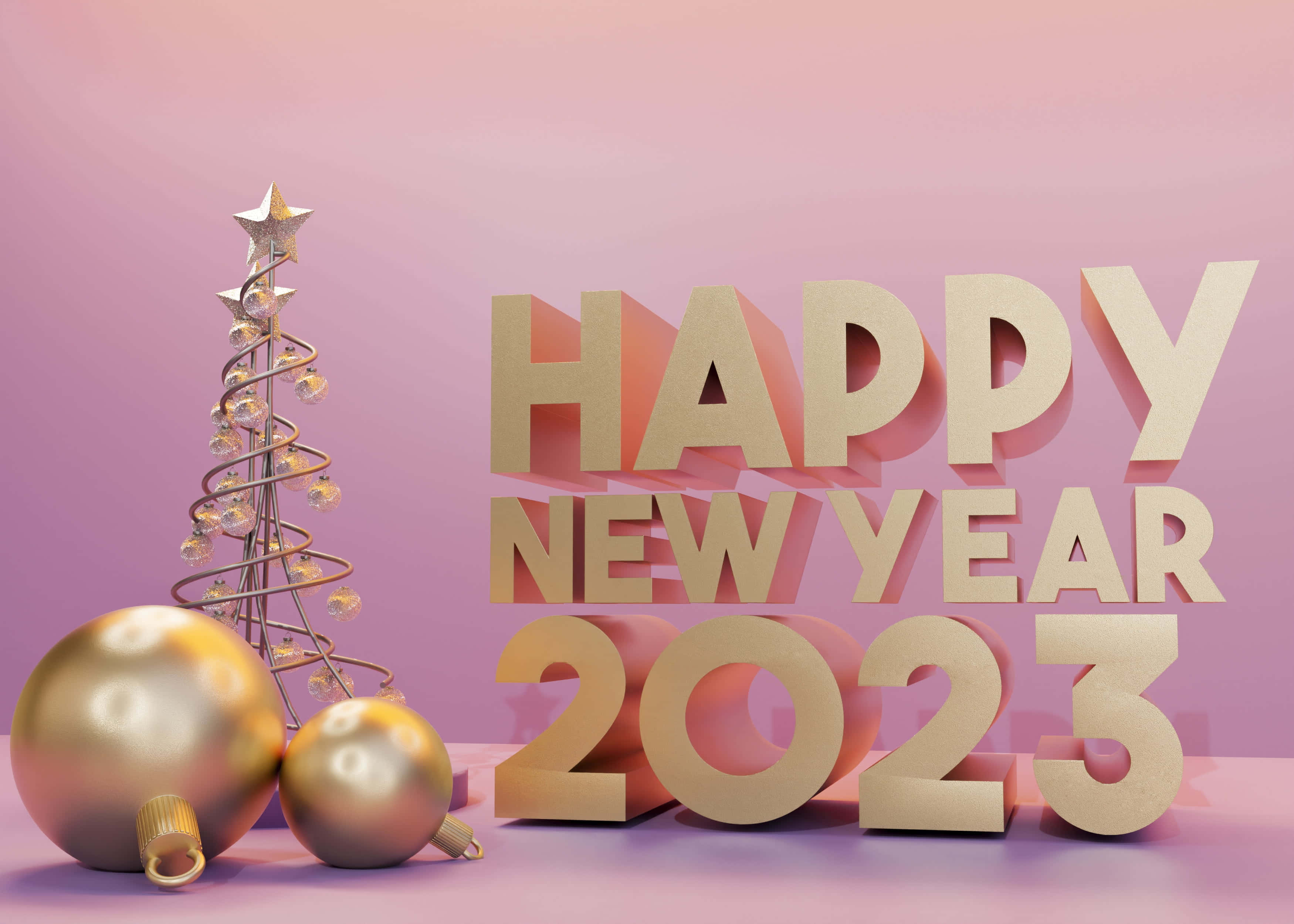 New Year 桌布 壁紙 — 金色3D文字寫著「HAPPY NEW YEAR 2023」，旁邊有螺旋聖誕樹和裝飾品，背景是柔和的粉紅色漸層。