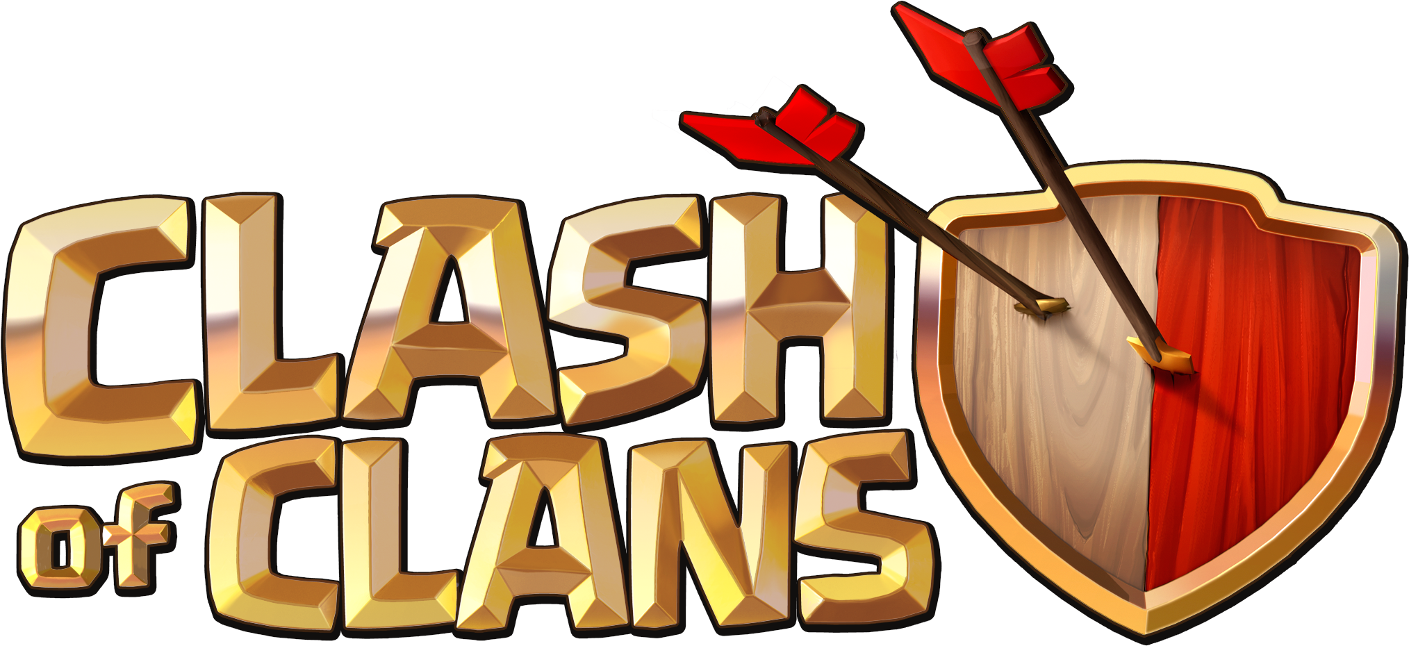 手機 桌布 壁紙 — 金色3D文字顯示Clash of Clans，兩支紅色箭頭刺穿木質和紅色盾牌，背景為黑色。