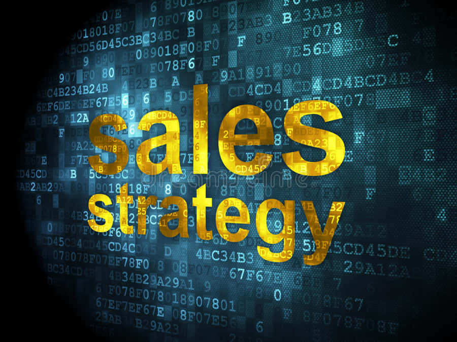 Sales 桌布 壁紙 — 金色3D文字顯示銷售策略，從充滿浮動十六進制代碼的深藍色數位背景中浮現。