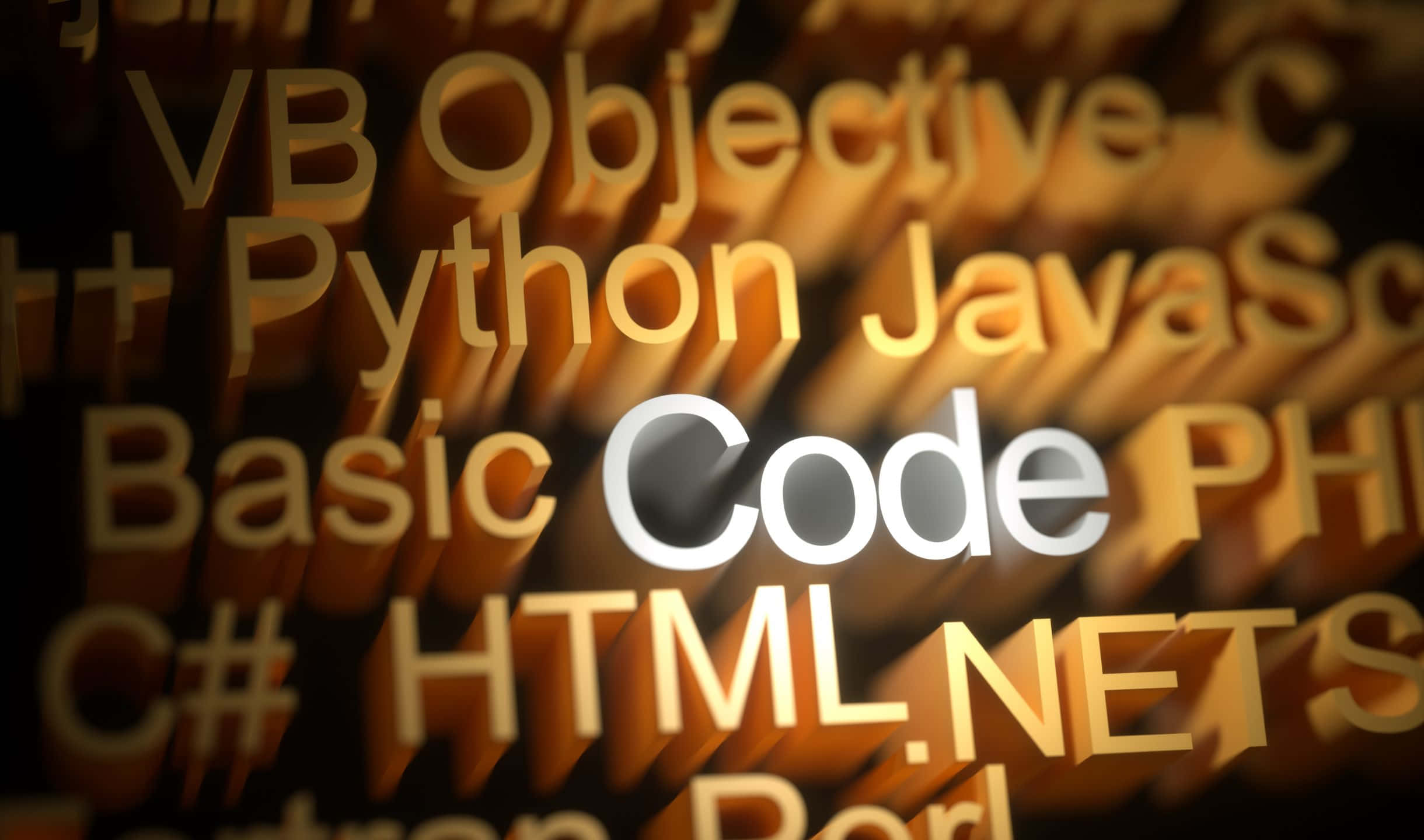 程式設計 桌布 壁紙 — 金色3D程式語言名稱（如Python和HTML）在溫暖光線中漂浮，'Basic Code'以銳利白色居中顯示。