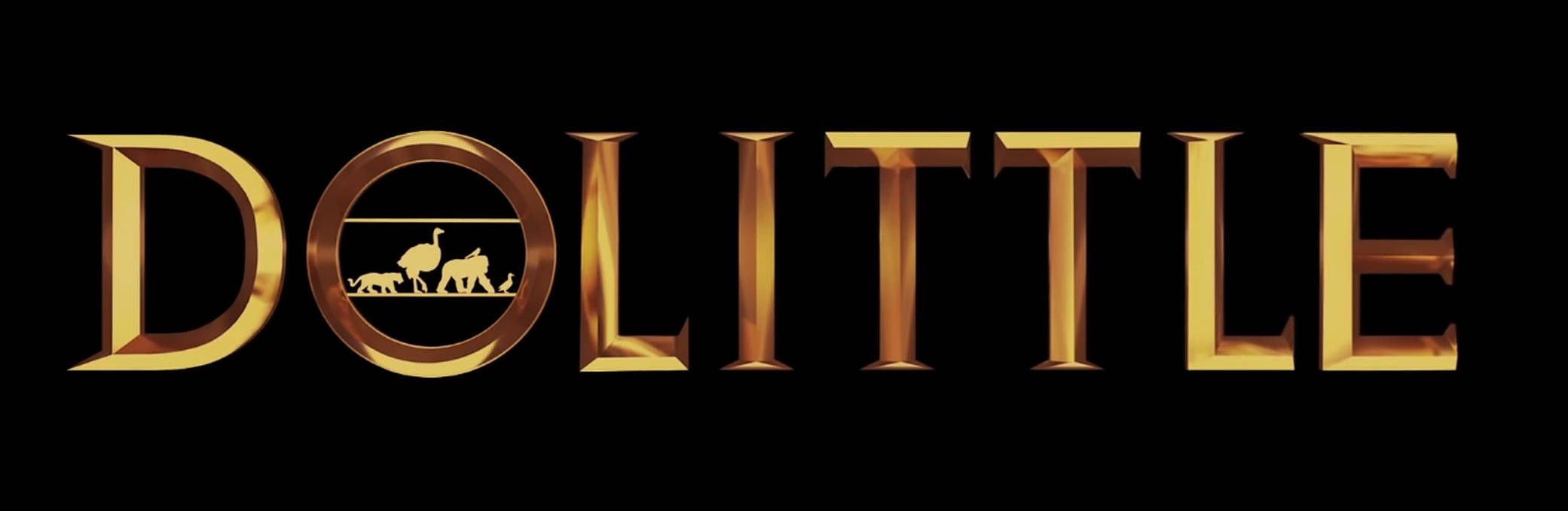 dolittle 桌布 壁紙 — 金色3D電影標題 Dolittle，O 內有動物剪影，黑色背景。