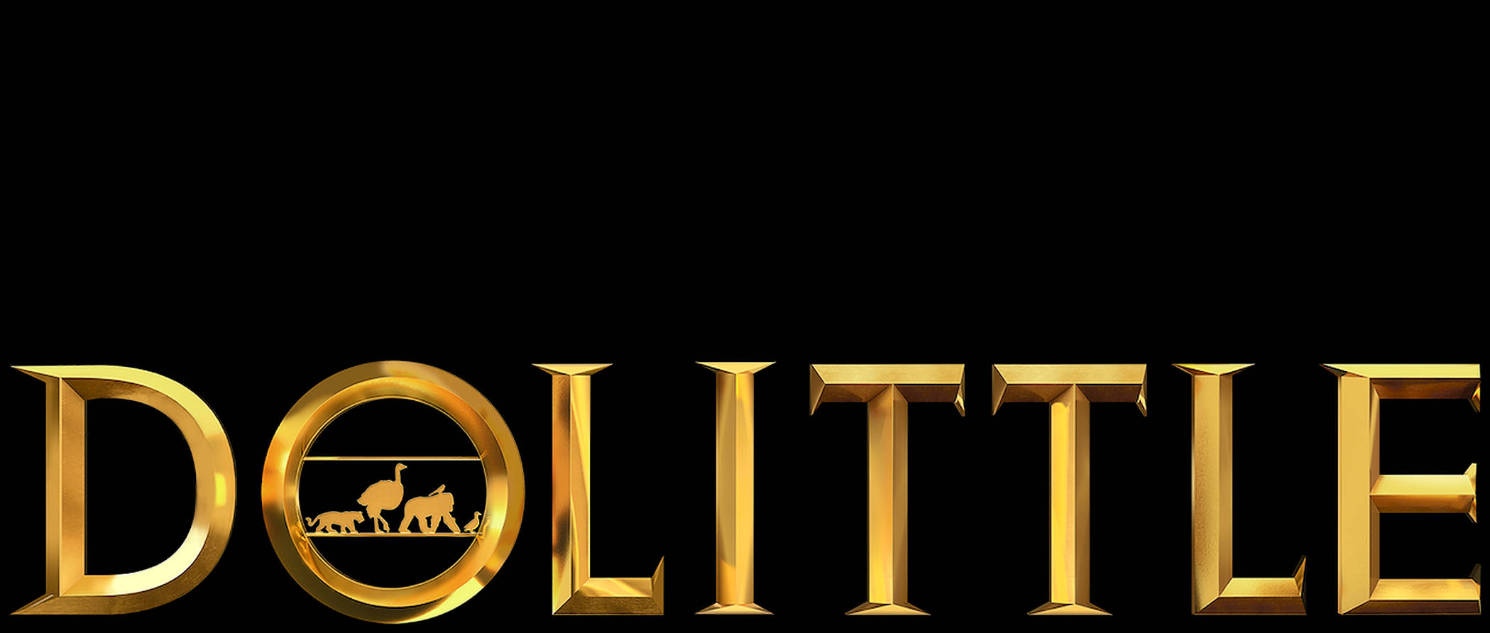 dolittle 桌布 壁紙 — 金色3D電影標題Dolittle，O內有動物剪影，黑色背景。