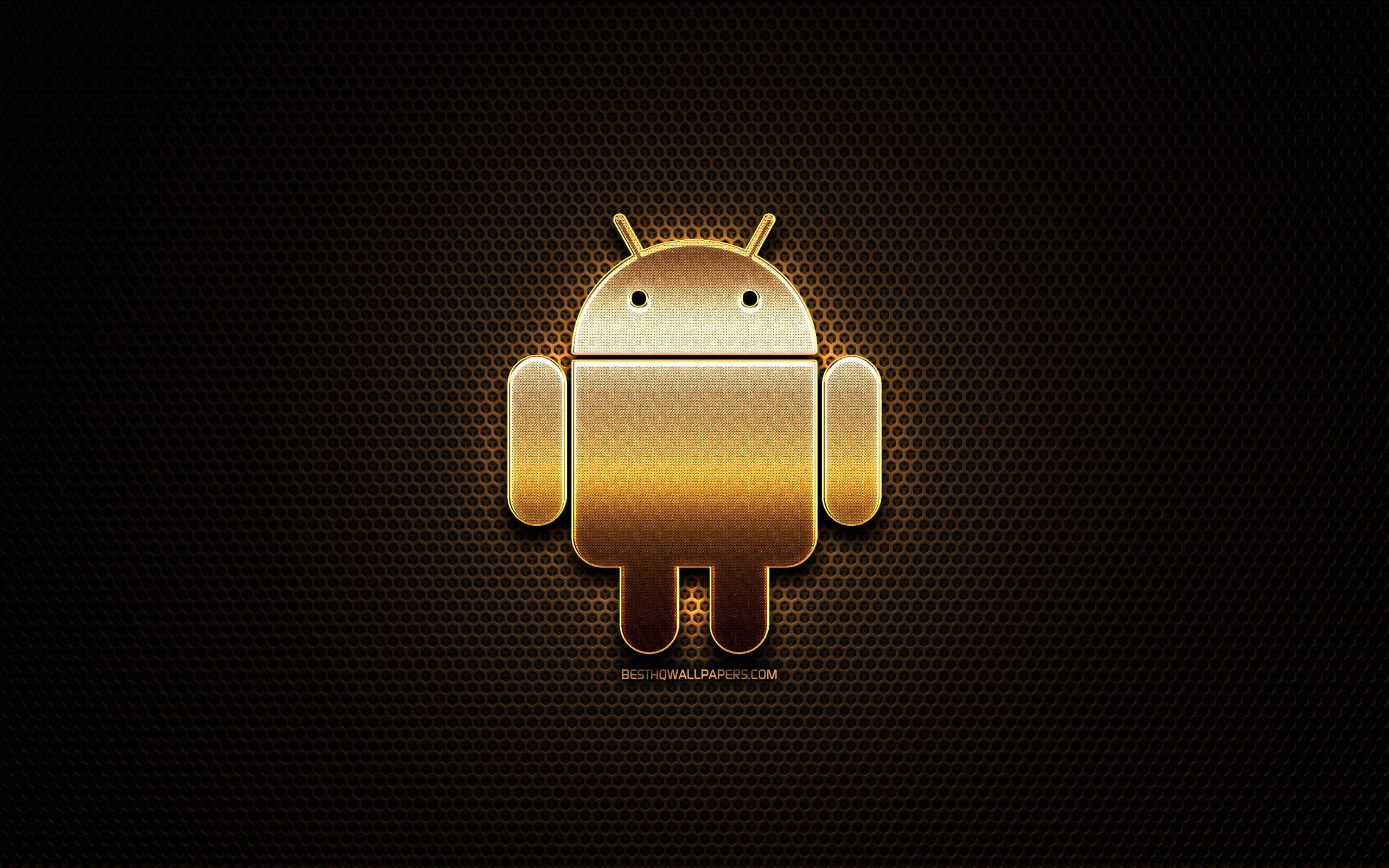 Android Desktop 桌布 壁紙 — 金色Android機器人標誌在深色紋理六邊形背景上發光。