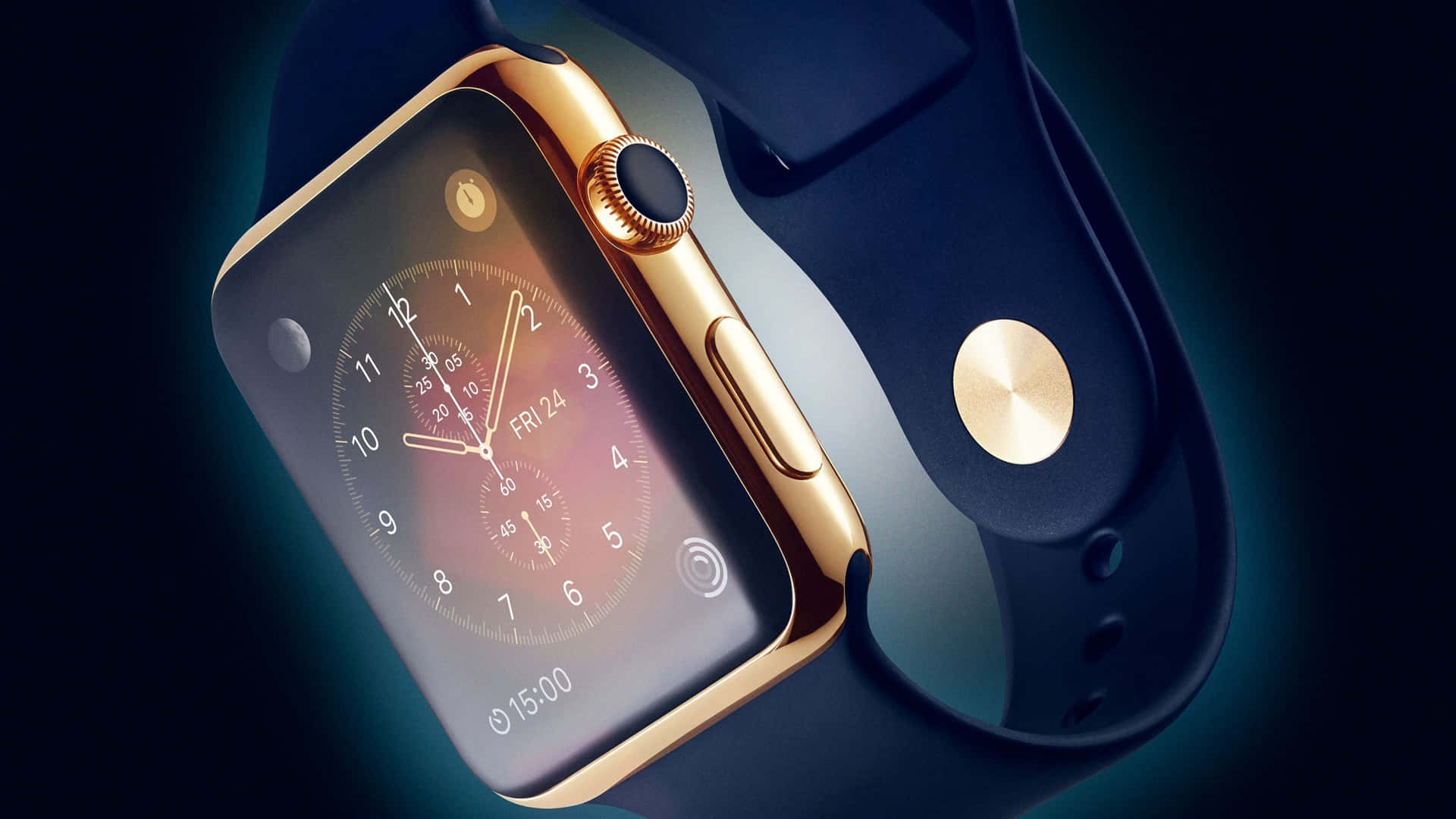 Apple Watch 動態 桌布 壁紙 — 金色Apple Watch搭配深藍色錶帶，在深藍色漸層背景上顯示復古類比錶面。