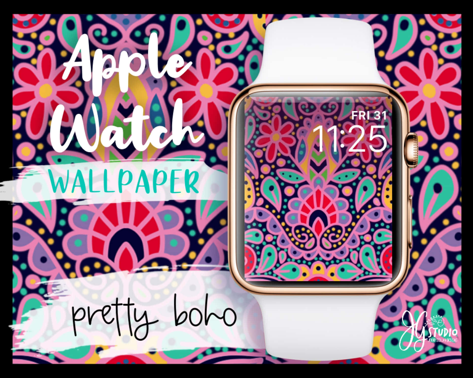 螢幕和背景上帶有波希米亞花卉桌布設計的Apple Watch。