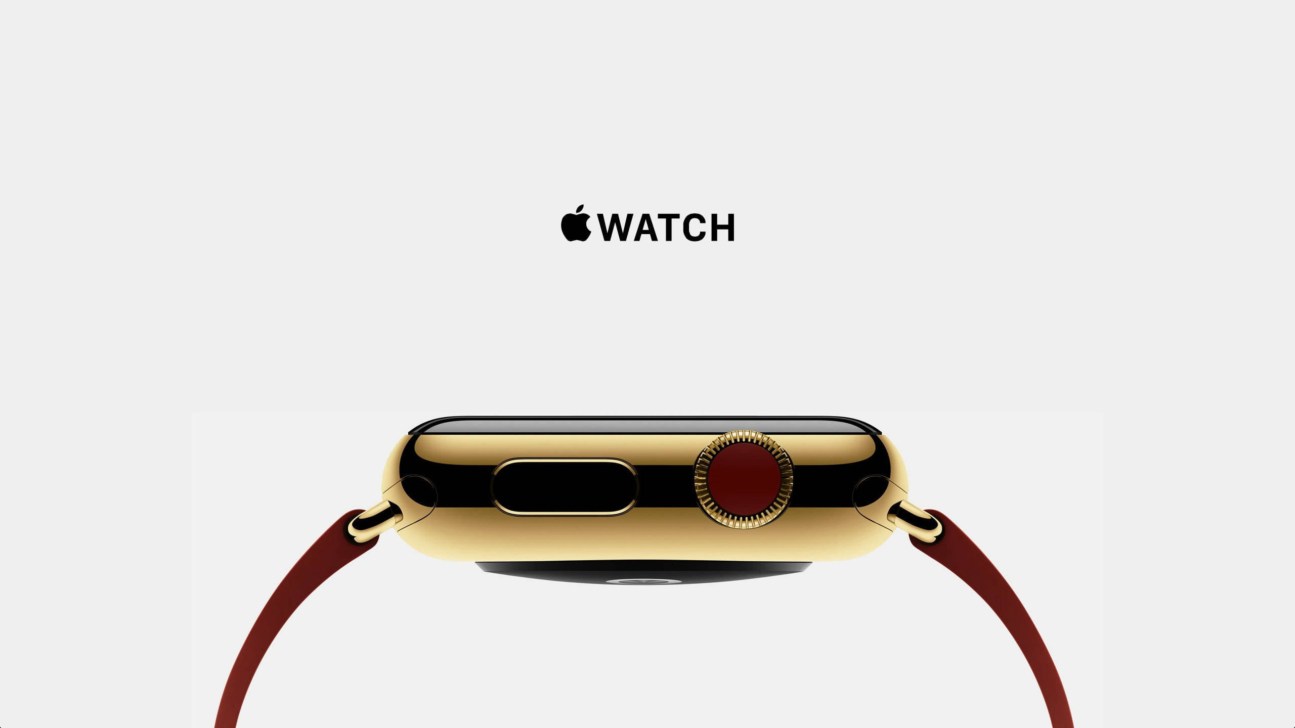 Apple Watch 動態 桌布 壁紙 — 金色Apple Watch搭配紅色皮革錶帶，從背面展示在純白色背景上。