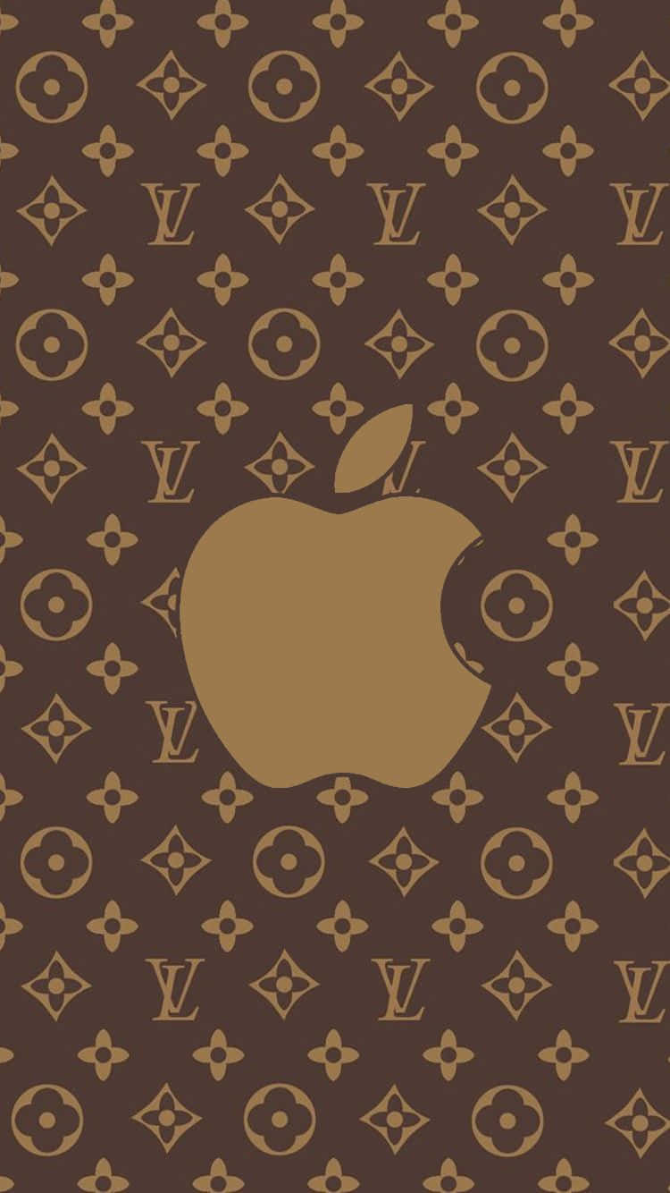 桌布 壁紙 — 金色Apple標誌置中於棕色Louis Vuitton monogram圖案壁紙上。