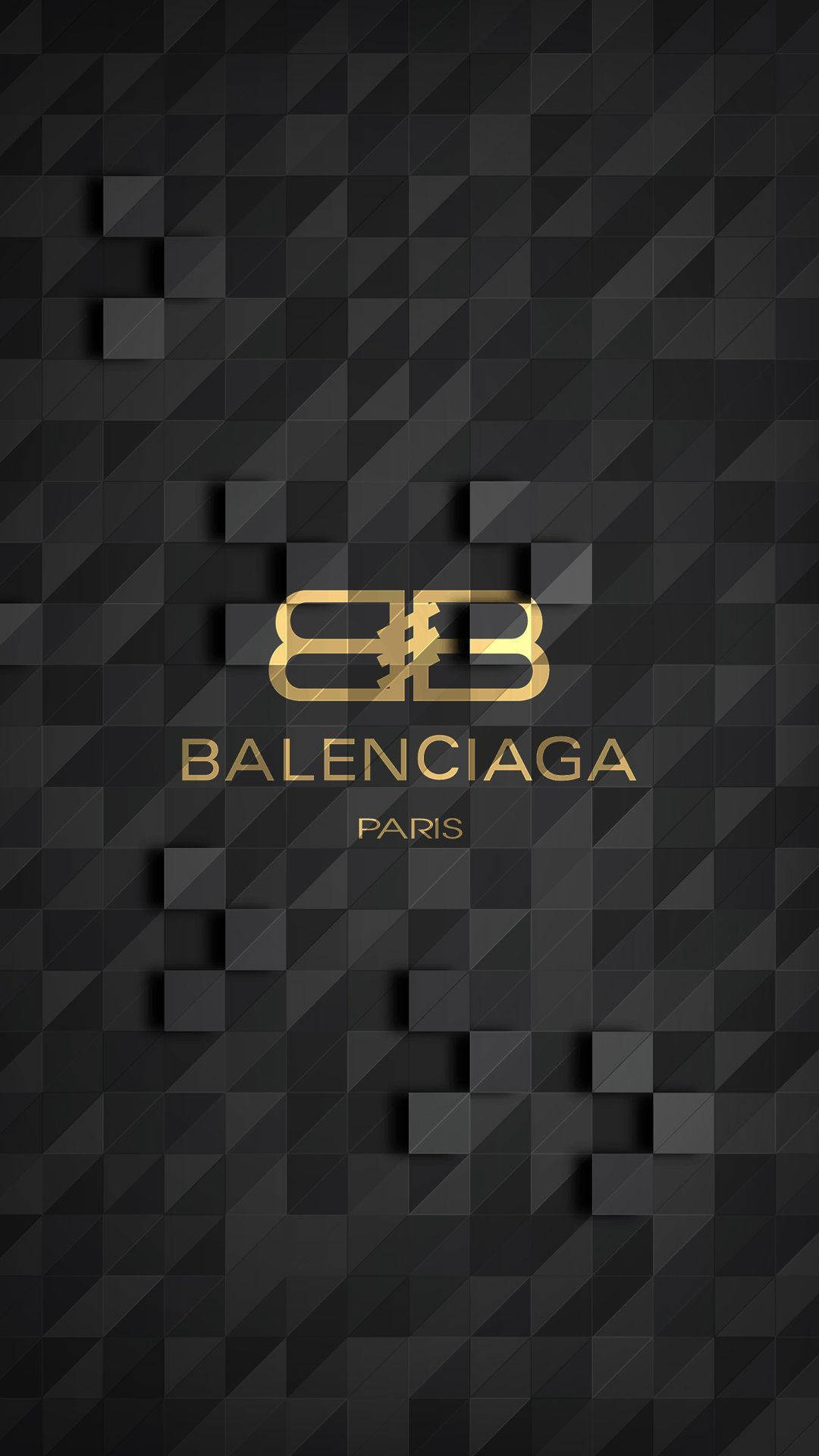 Balenciaga 桌布 壁紙 — 金色Balenciaga標誌在帶有浮動立方體的紋理黑色幾何壁紙上閃耀。