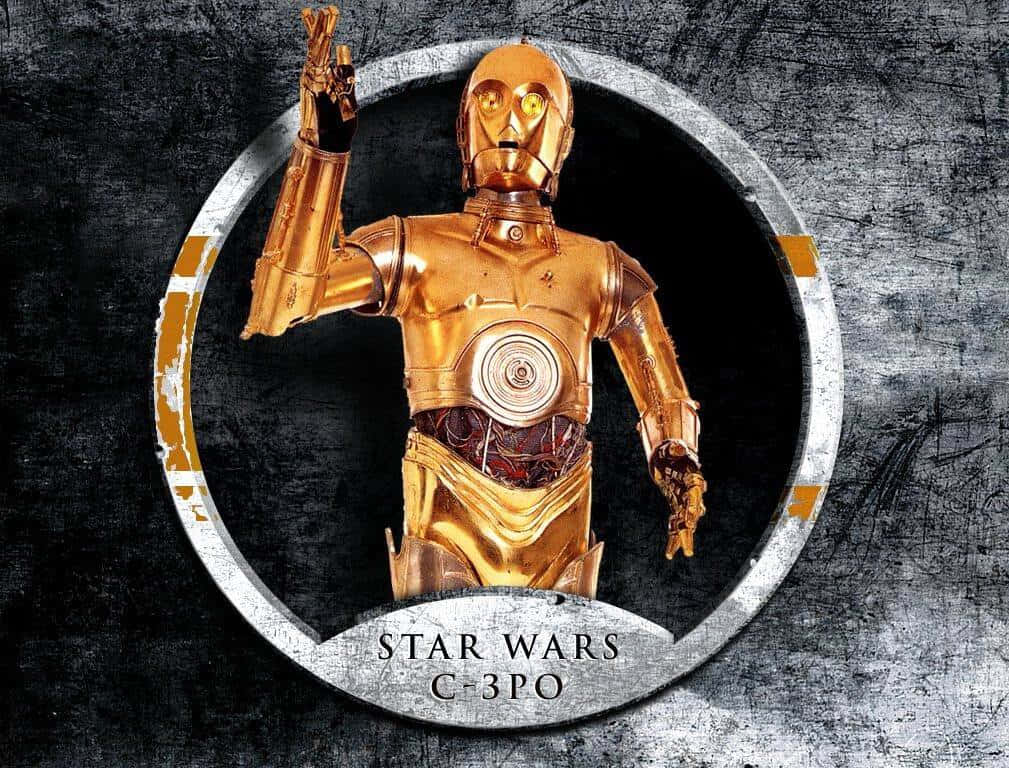 C-3po 桌布 壁紙 — 金色C-3PO機器人置於圓形框架內，背景為風化金屬質感，並帶有「Star Wars C-3PO」文字。