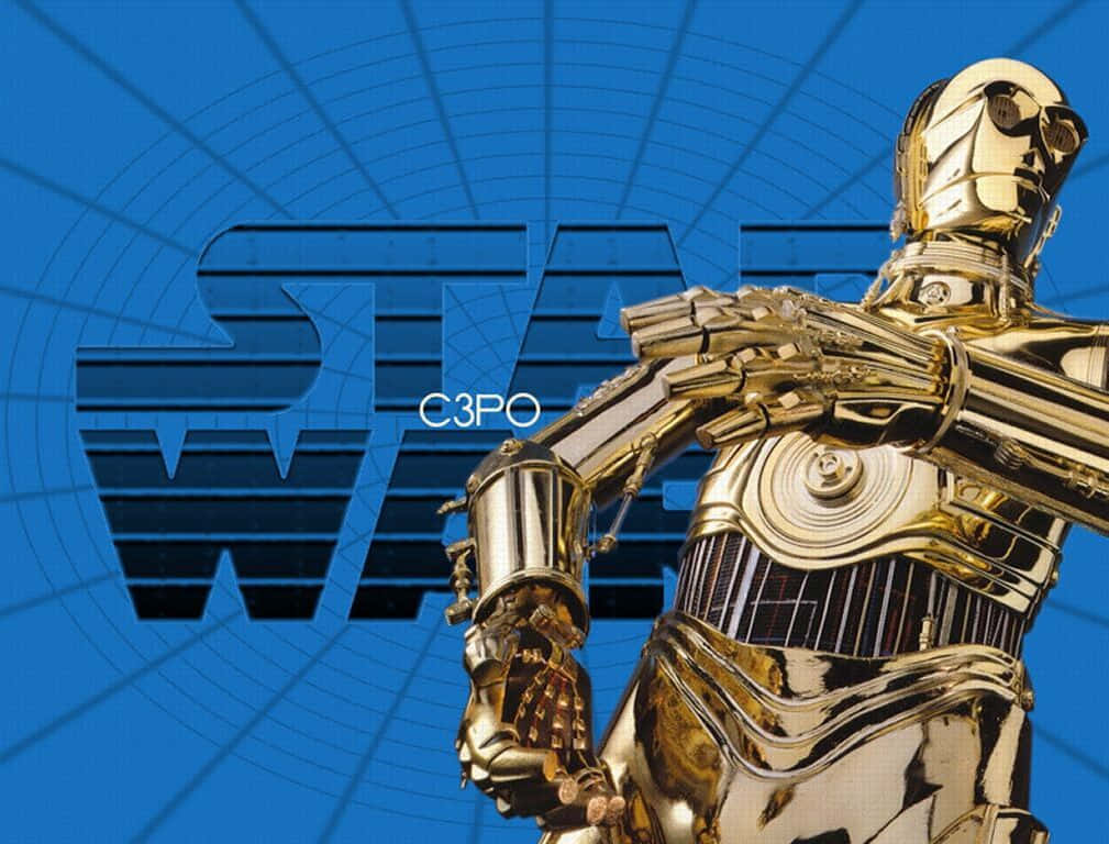 C-3po 桌布 壁紙 — 金色C3PO機器人自信地站在帶有幾何網格線的藍色Star Wars標誌背景前。
