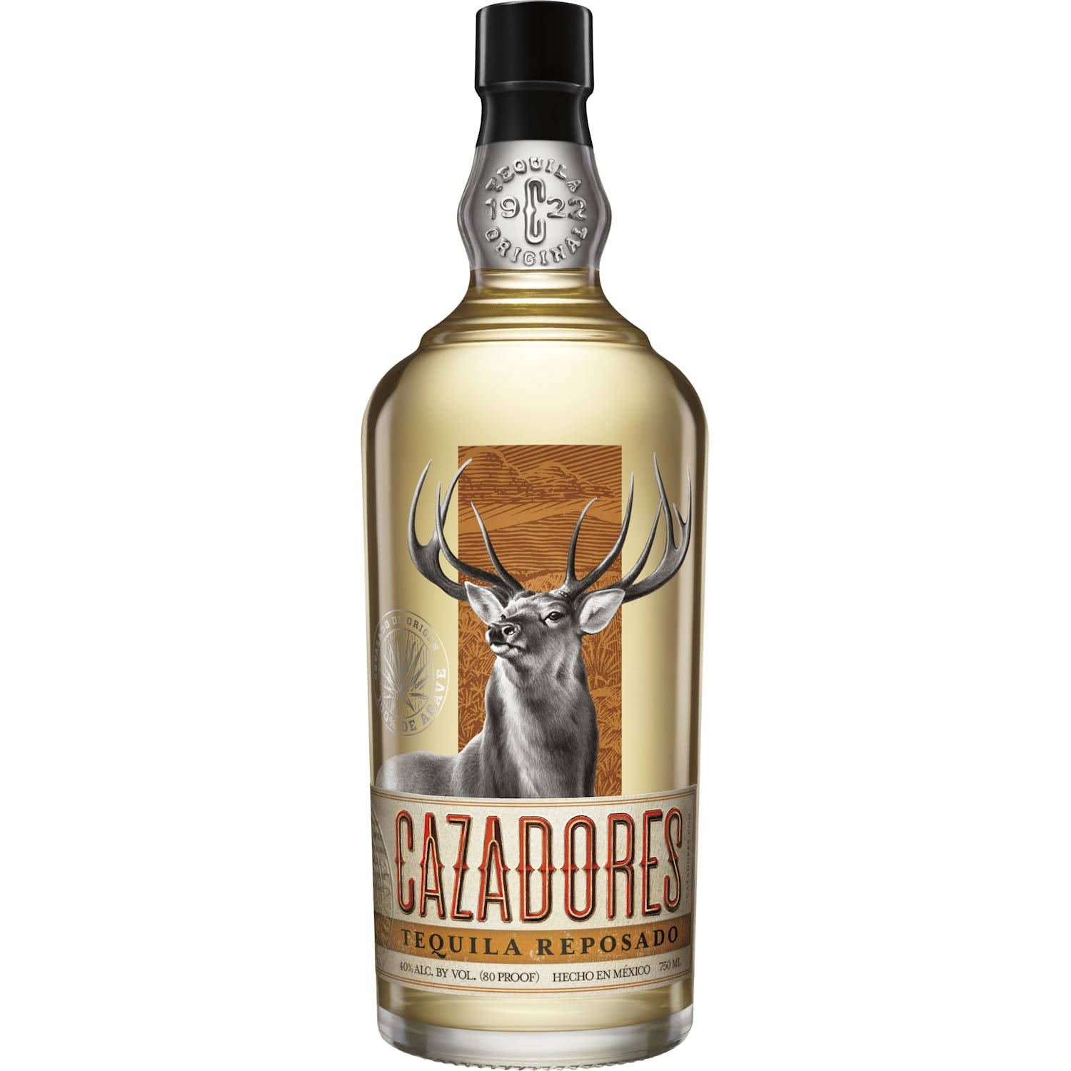 alcohol 桌布 壁紙 — 金色Cazadores Tequila Reposado酒瓶，上有雄鹿的詳細插圖，背景為帶紋理的棕色。