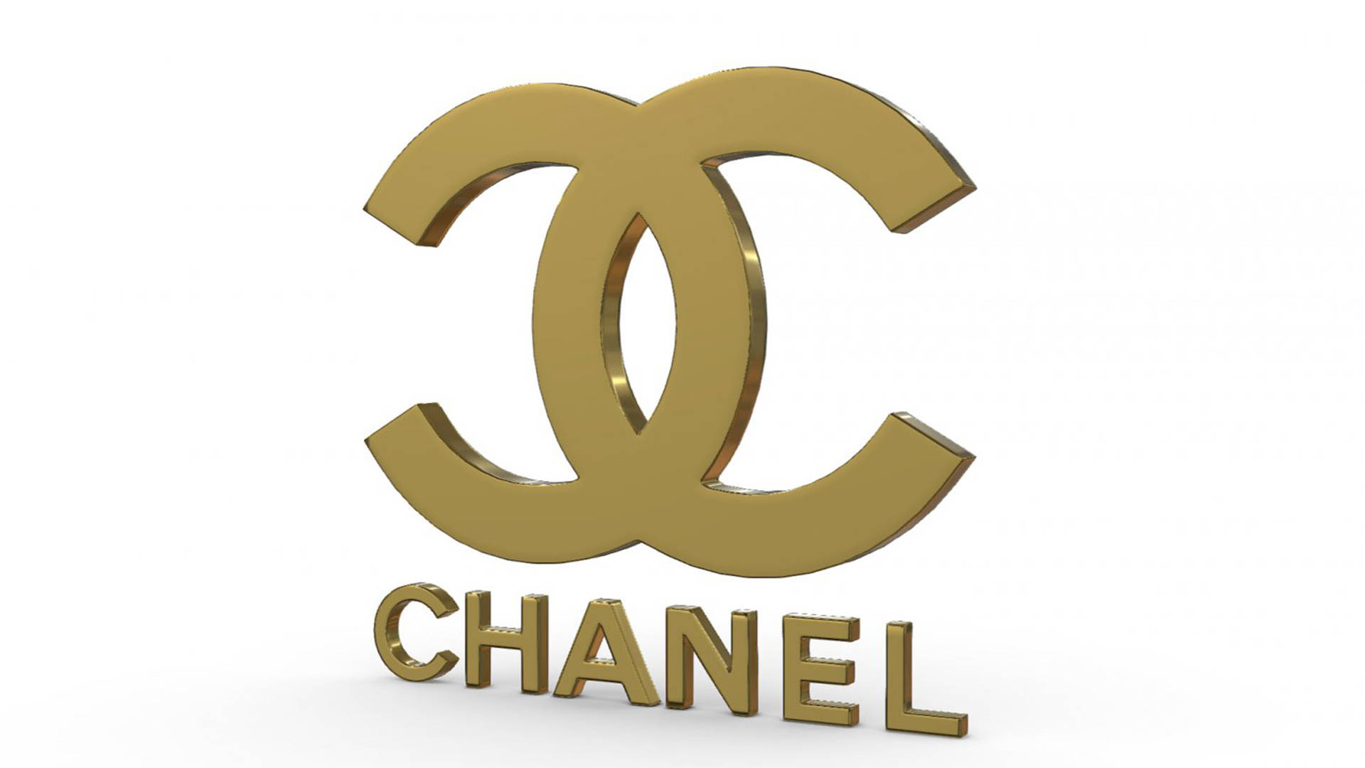 香奈兒標誌 桌布 壁紙 — 金色Chanel標誌，帶有交織的CC和品牌名稱，以3D渲染呈現，背景為白色。