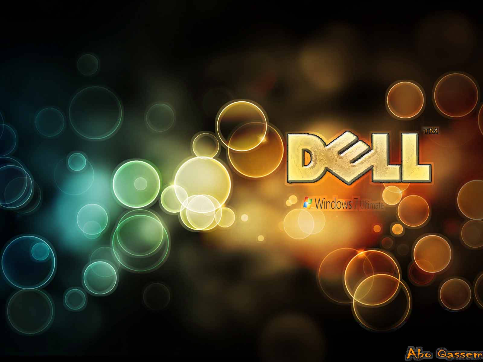 深色背景上帶有發光散景圓圈的Dell標誌。 — 萬福瑪哈拉賜福高清壁紙 壁紙