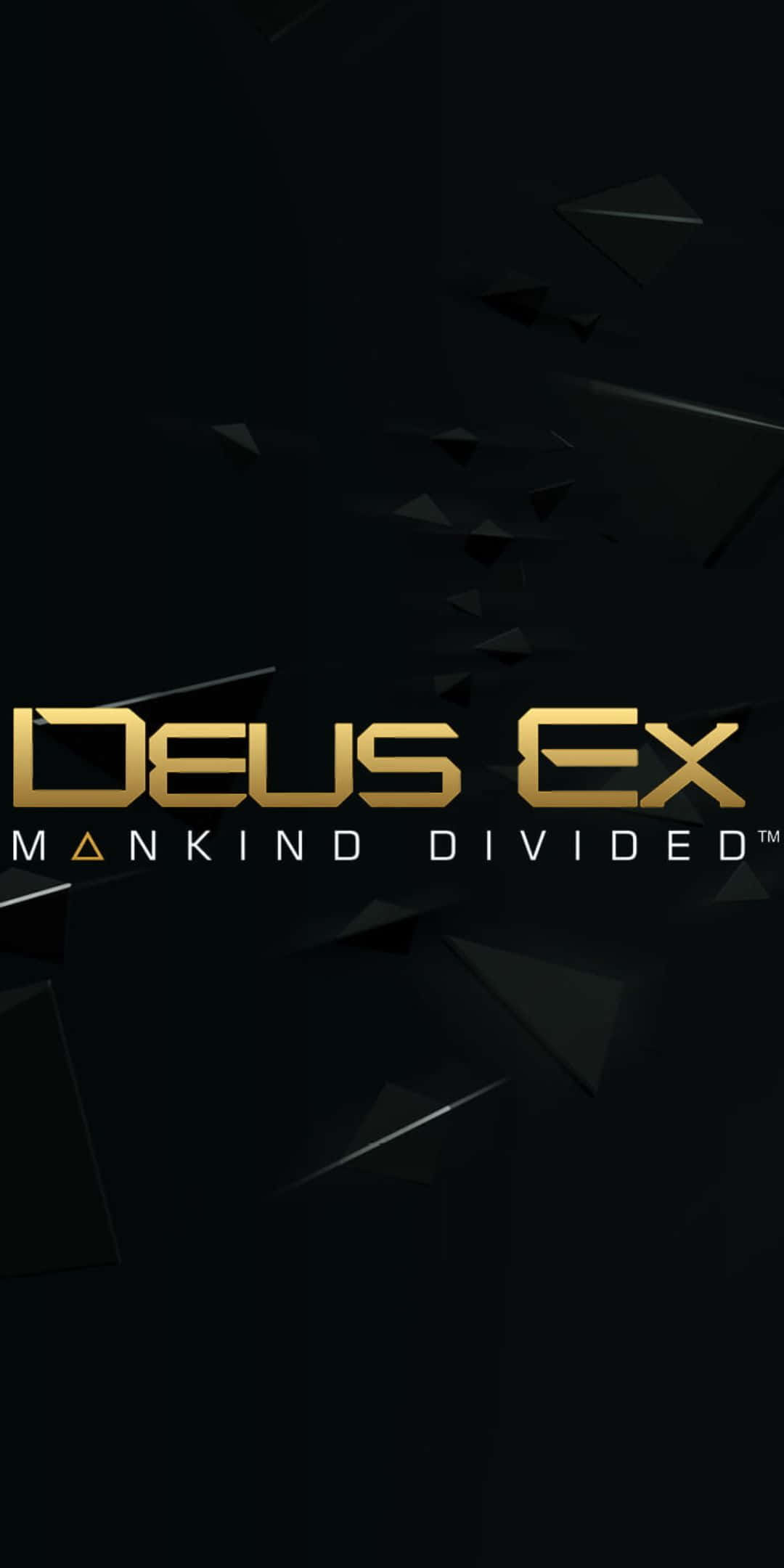 電玩遊戲 桌布 壁紙 — 金色Deus Ex標誌在黑暗背景中發光，伴隨著漂浮的幾何碎片。