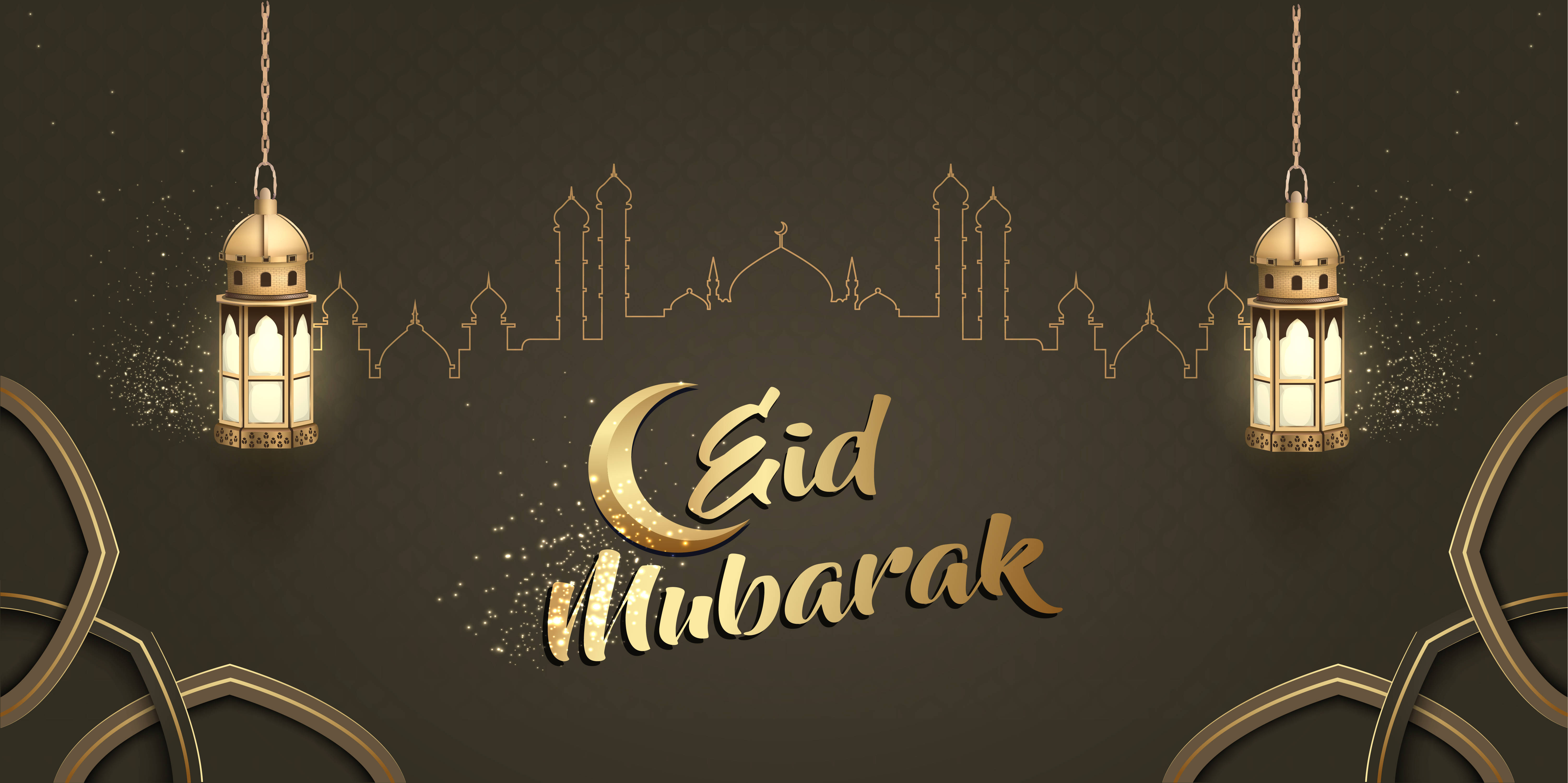 Eid Mubarak 桌布 壁紙 — 金色Eid Mubarak文字，搭配發光燈籠和清真寺剪影，襯托深色圖案背景。