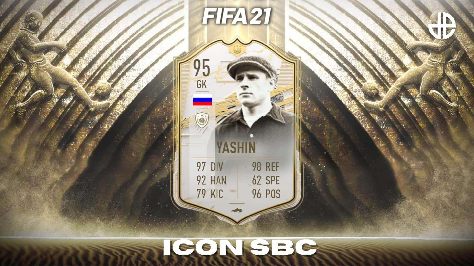 足球 桌布 壁紙 — 金色FIFA 21 Icon SBC卡， featuring 傳奇俄羅斯門將Yashin，背景有統計數據和壓花足球員。