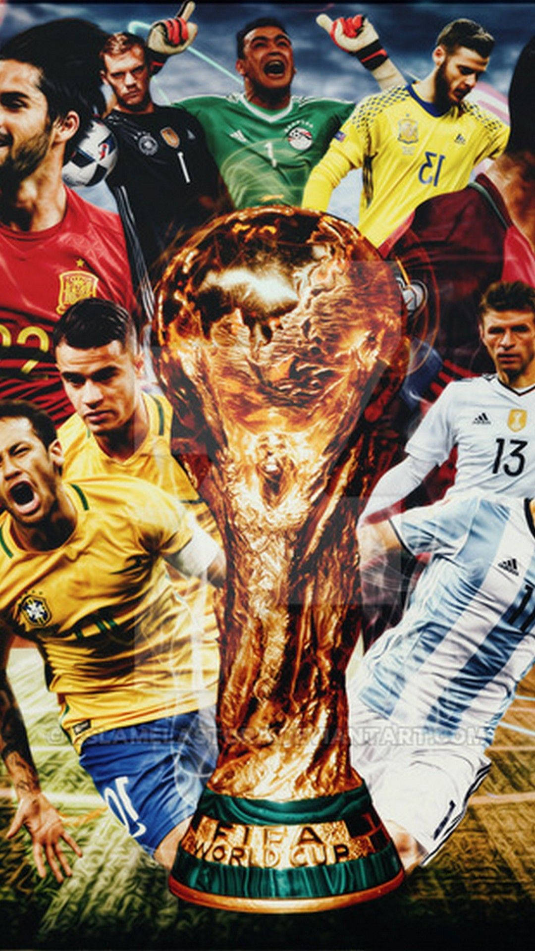 World 桌布 壁紙 — 金色FIFA世界盃獎盃在中央閃耀，周圍是穿著鮮豔隊衣的咆哮足球員。
