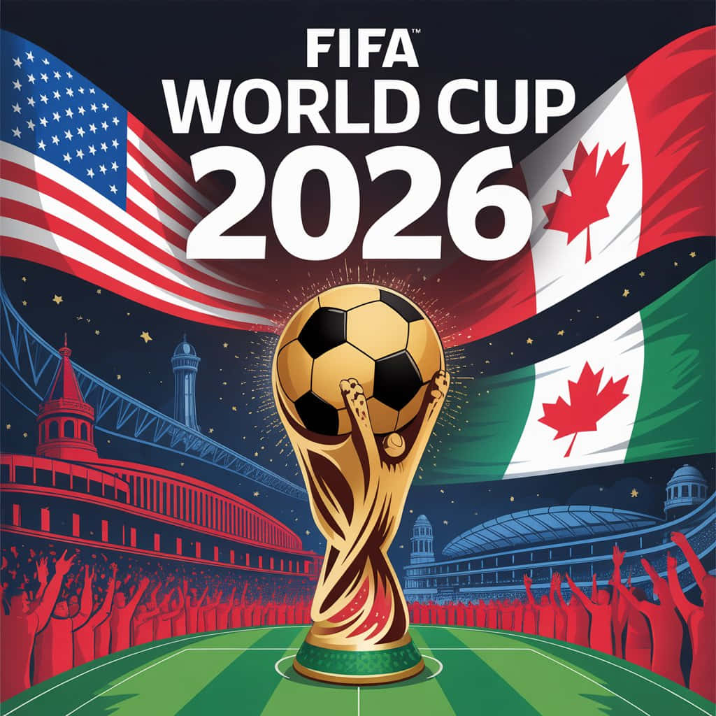 FIFA WORLD CUP 2026 壁紙 — 金色FIFA世界盃獎盃在星空下的綠色球場上高舉，美國和加拿大國旗在體育場後方飄揚。