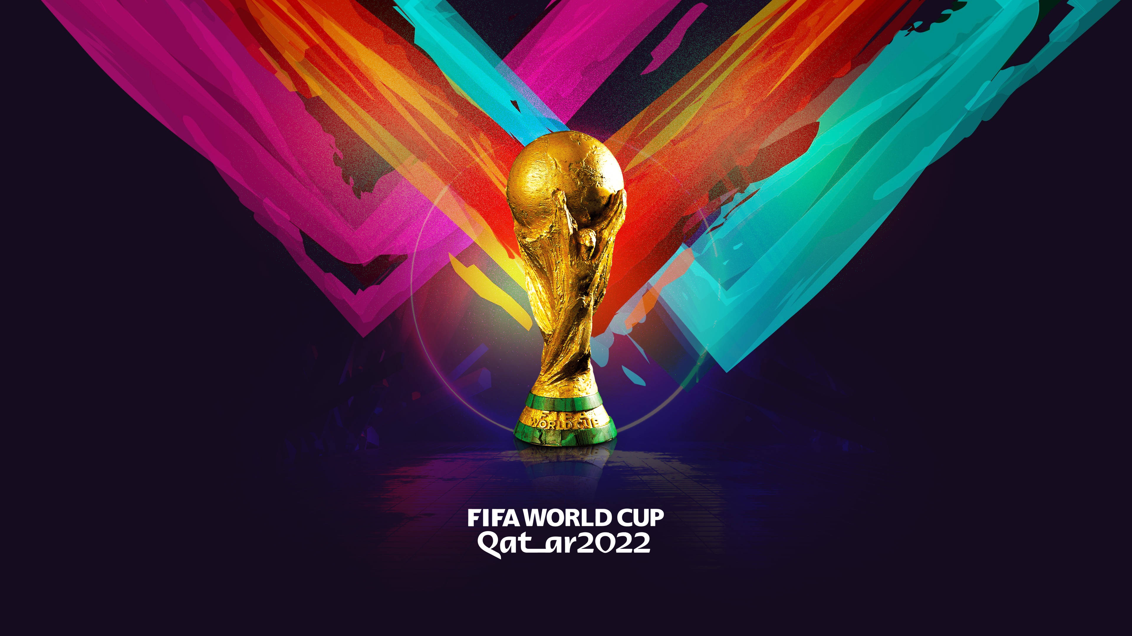 World 桌布 壁紙 — 金色FIFA世界盃獎盃在深色背景上，在洋紅色、青色和橙色的鮮豔抽象條紋下閃耀。