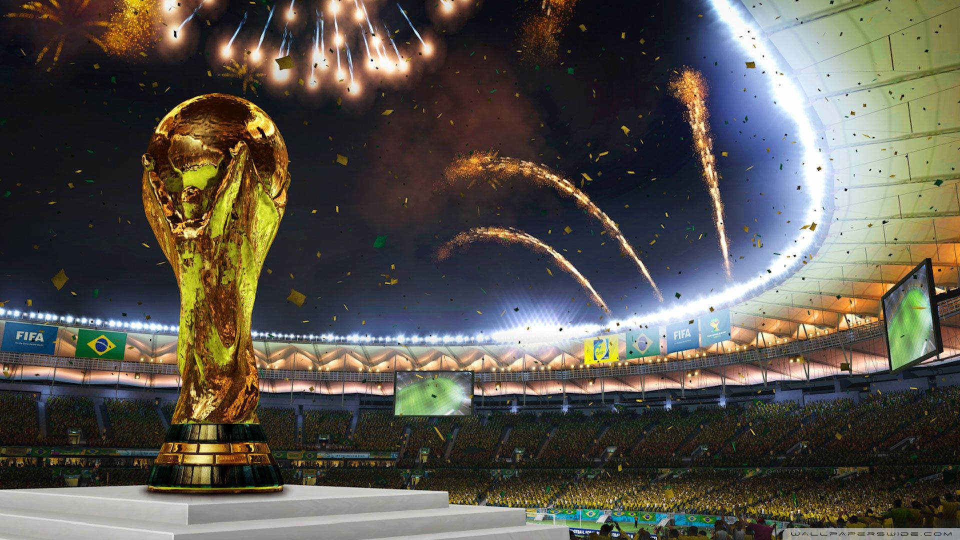 World 桌布 壁紙 — 金色FIFA世界盃獎盃在球場燈光下閃耀，煙火在歡呼的人群上空綻放。